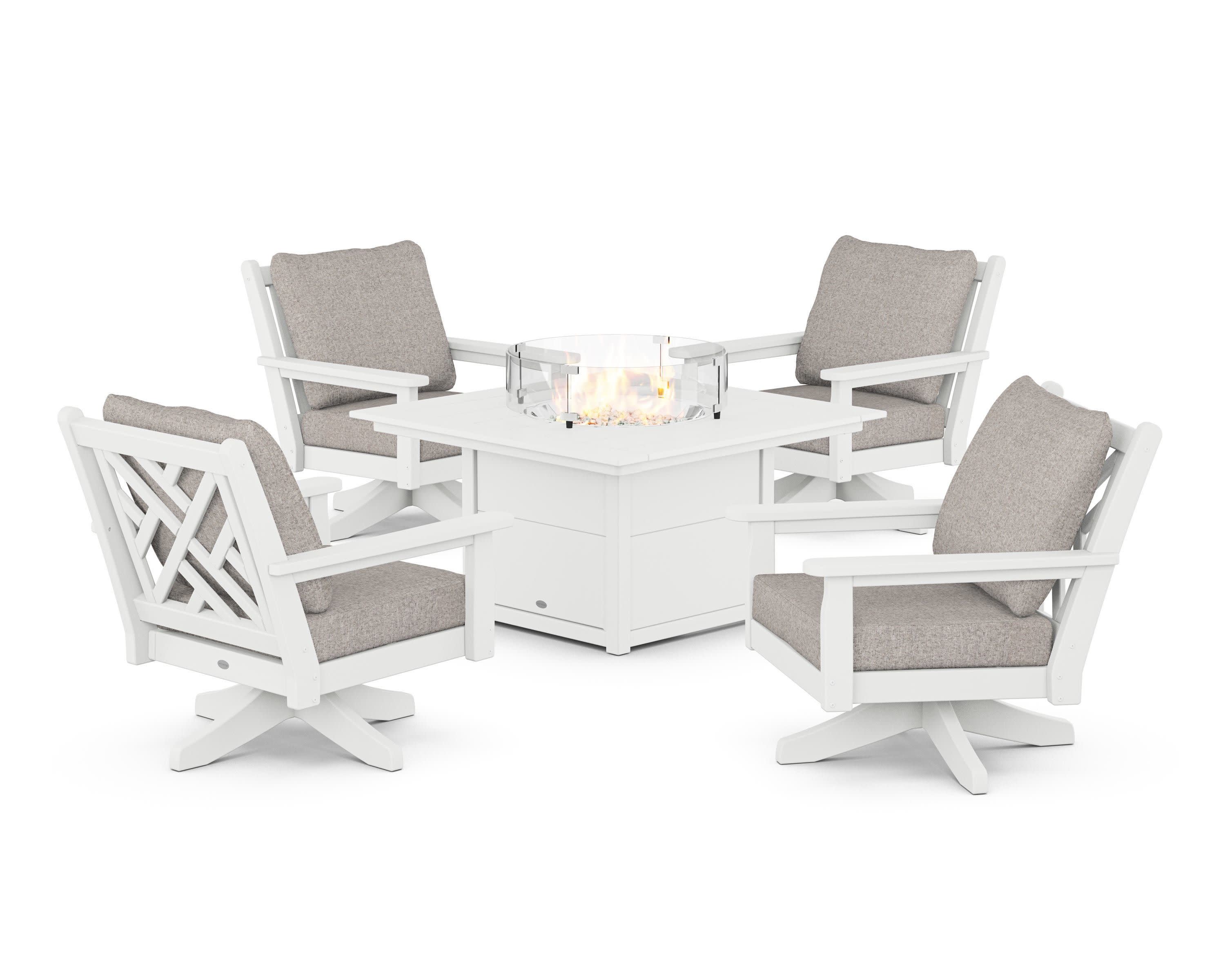 Chippendale 5-Piece Deep Seating Swivel Conversation Set with Fire Pit Table in White / Weathered Tweed