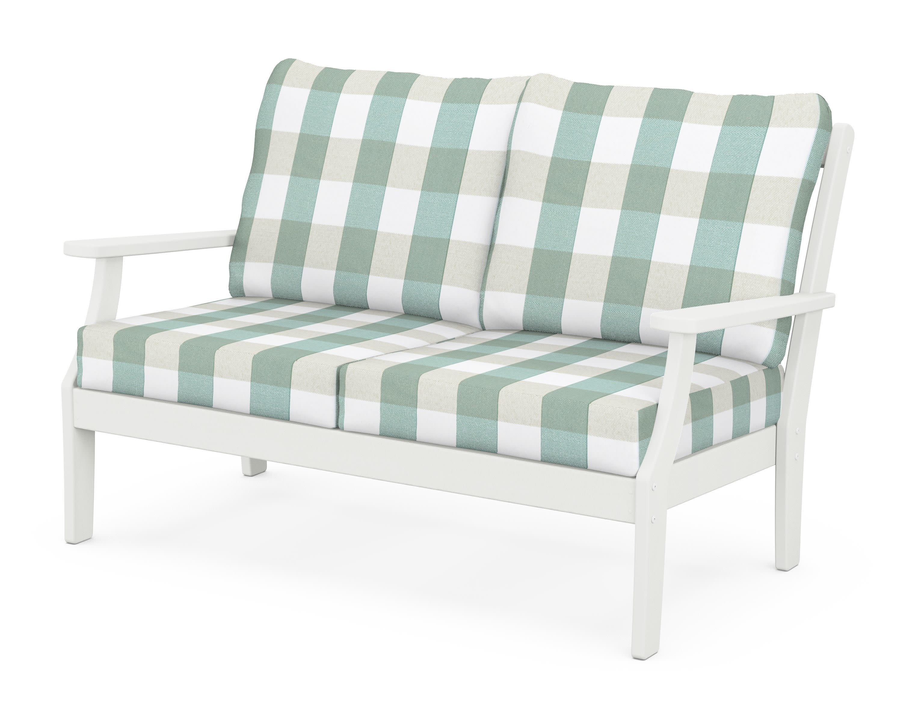 Braxton Deep Seating Loveseat in Vintage White / Buffalo Plaid Glacier Spa