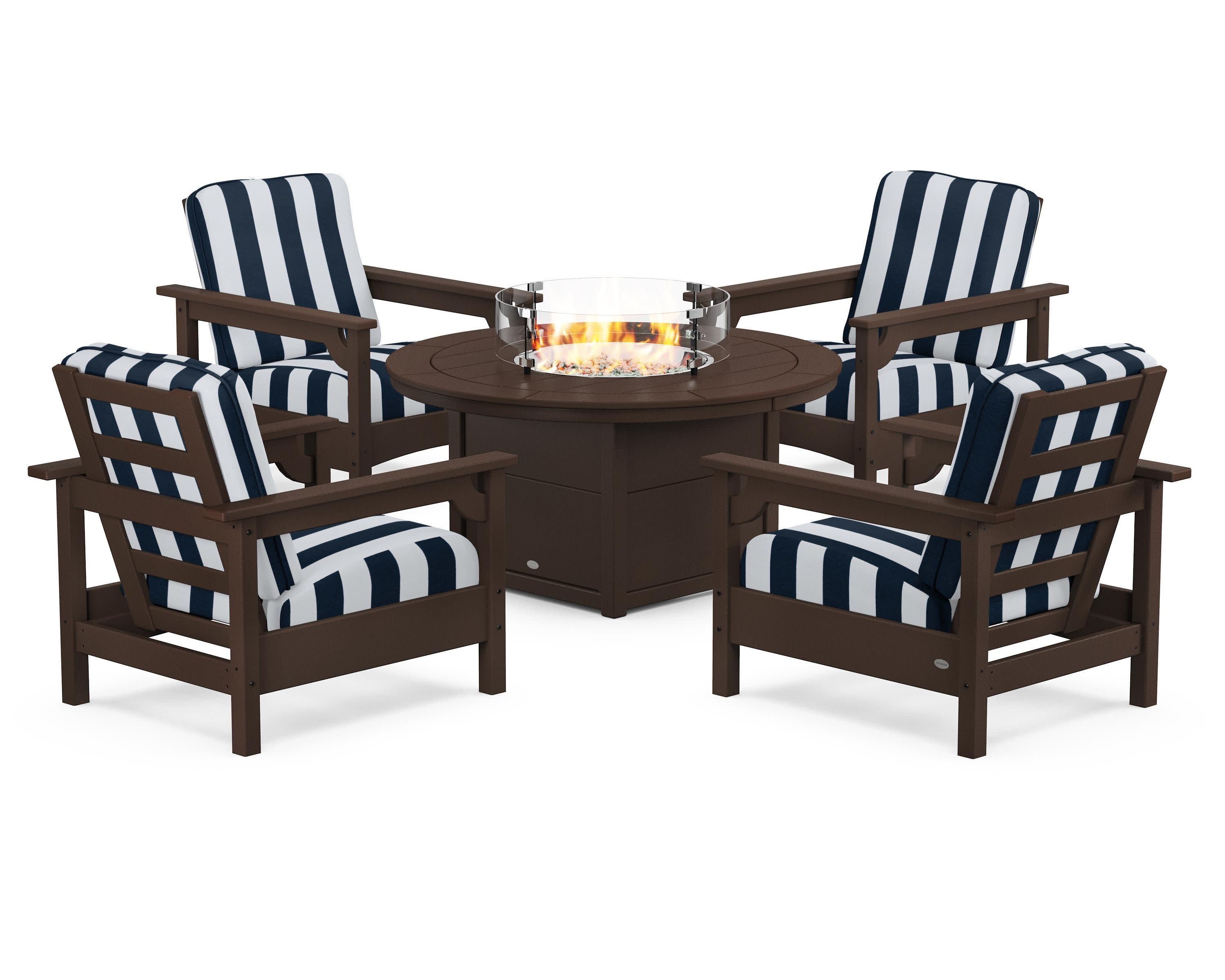 Club 5-Piece Conversation Set with Fire Pit Table in Mahogany / Cabana Stripe Marine Indigo