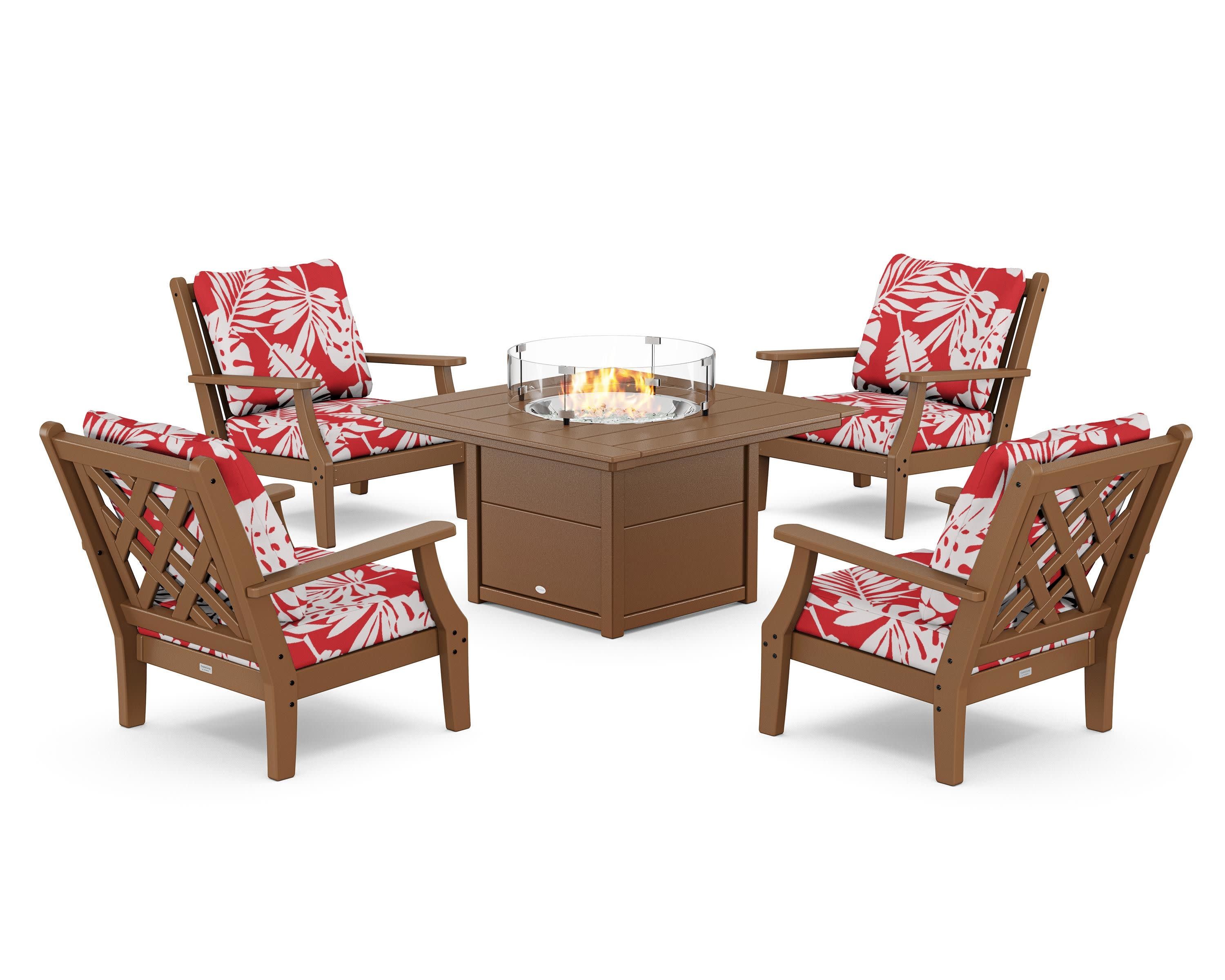 Wovendale 5-Piece Deep Seating Set with Fire Pit Table in Teak / Leaf Crimson