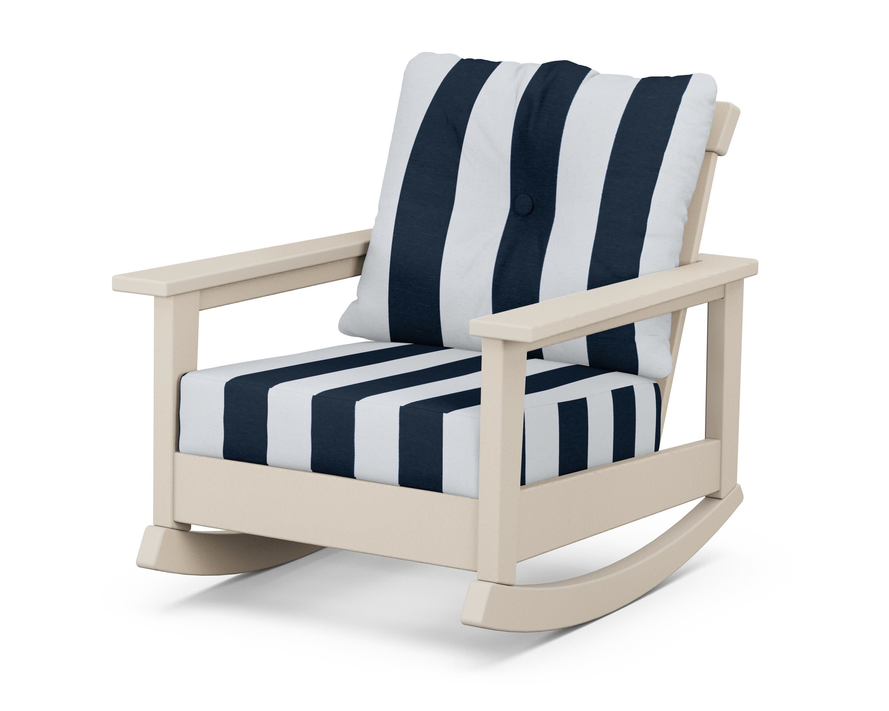 Prescott Deep Seating Rocking Chair in Sand / Cabana Stripe Marine Indigo