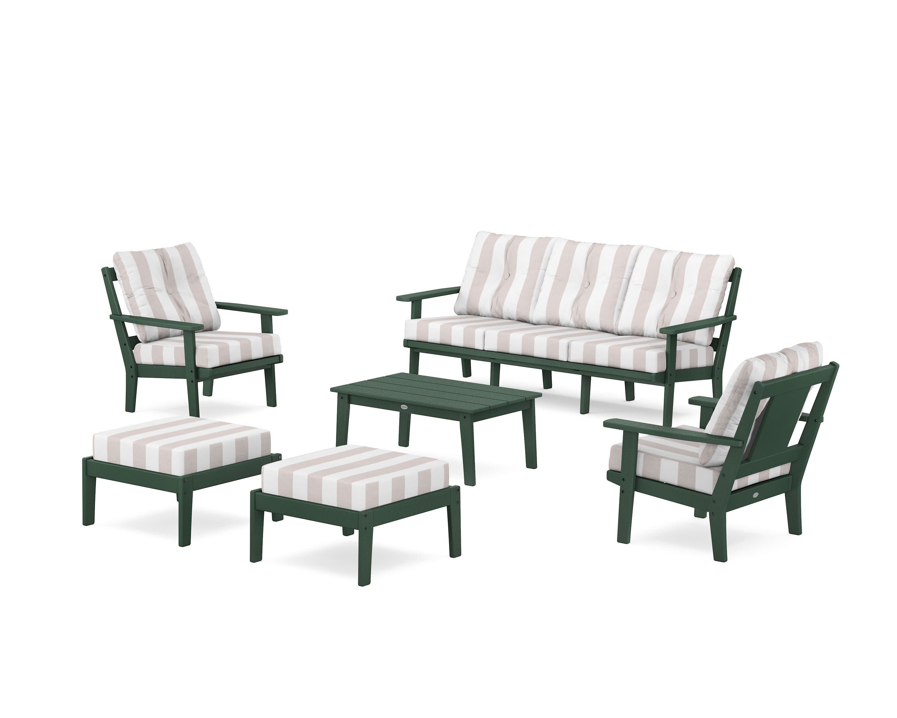 Prairie 6-Piece Lounge Sofa Set in Green / Cabana Stripe Dune Burlap