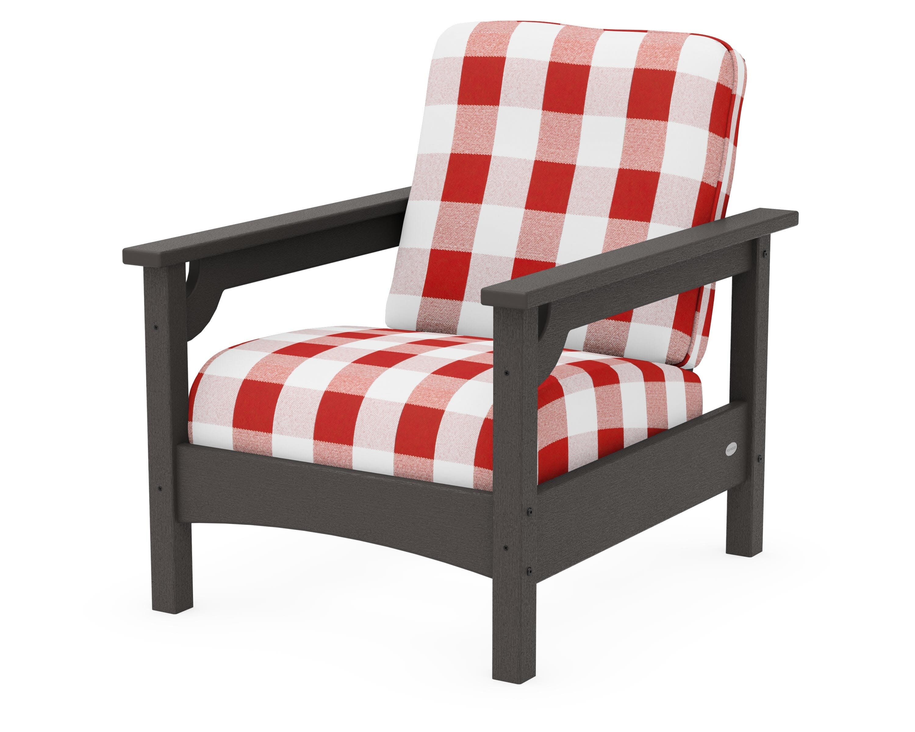 Club Chair in Vintage Coffee / Buffalo Plaid Crimson