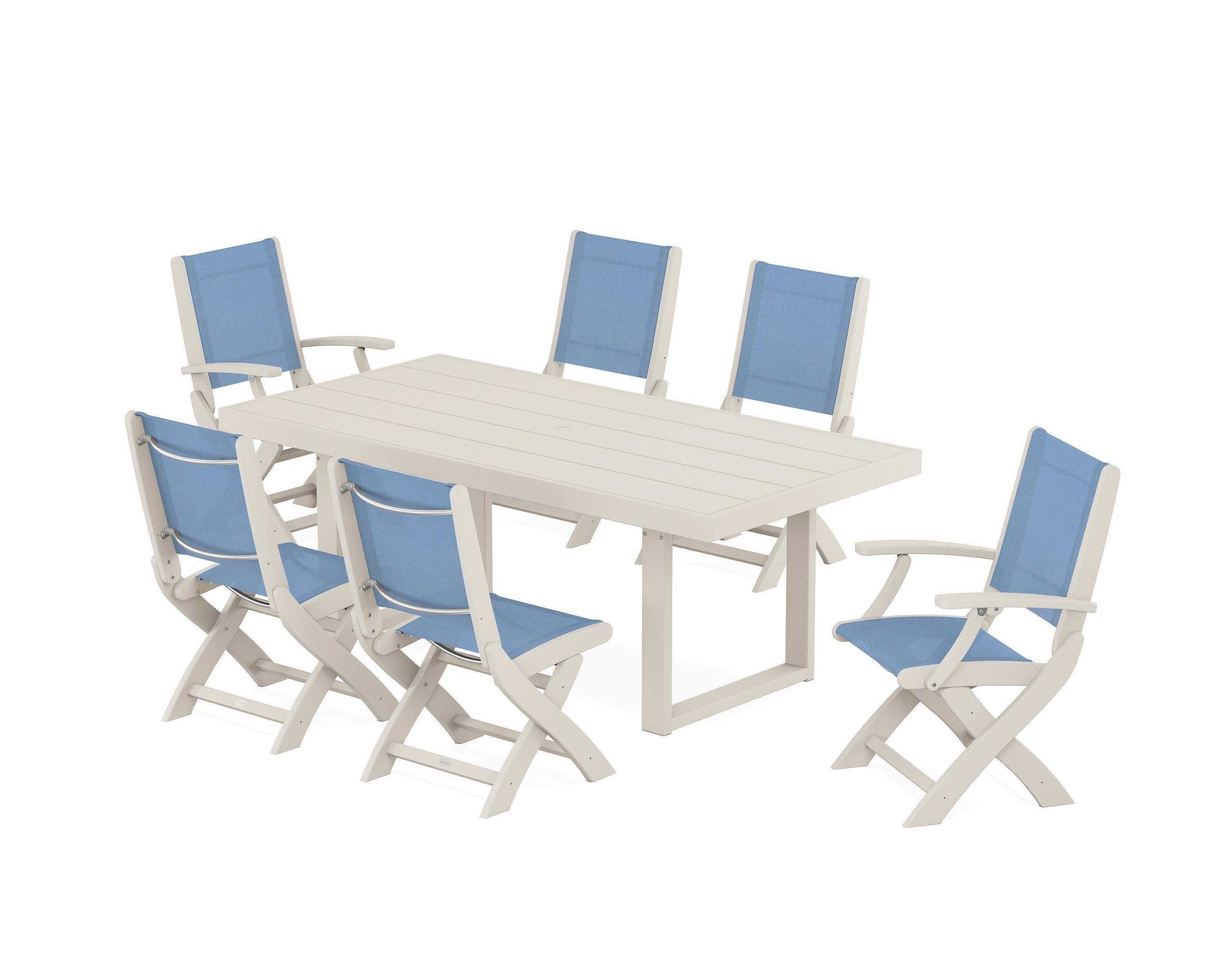 Coastal Folding Chair 7-Piece Dining Set with Trestle Legs in Sand / Poolside Sling