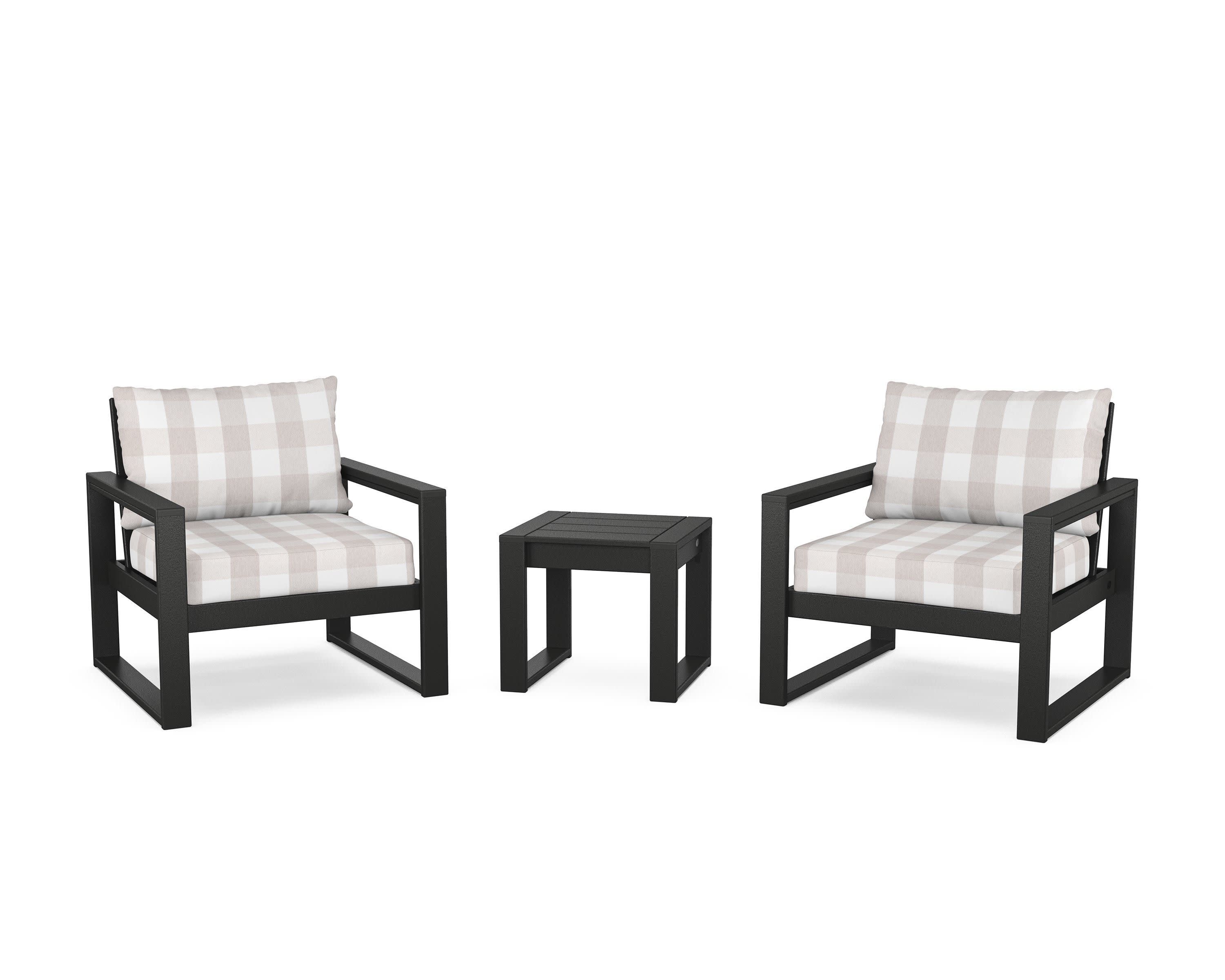 EDGE Sectional 3-Piece Deep Seating Set in Black / Buffalo Plaid Dune Burlap