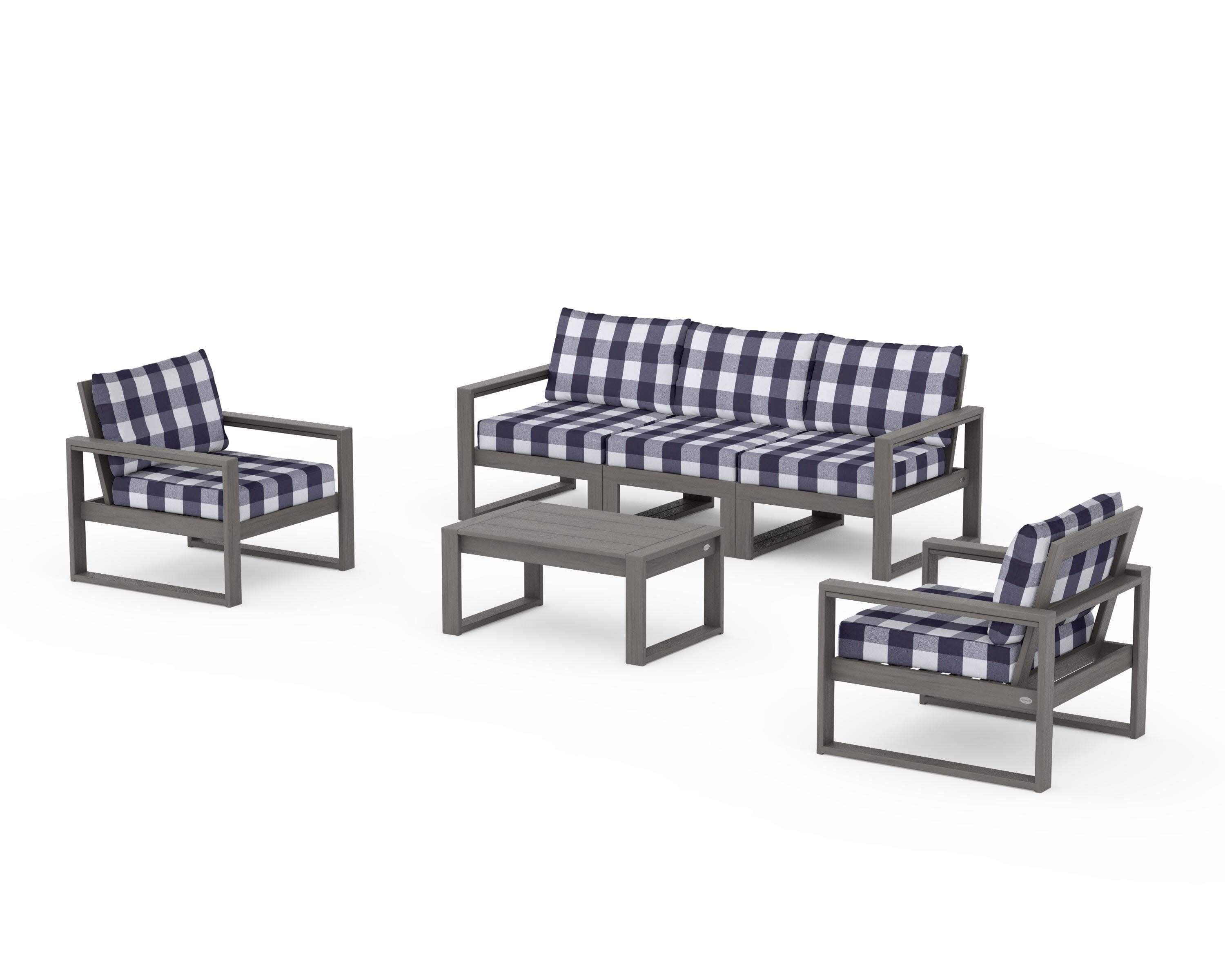 EDGE Sectional 4-Piece Deep Seating Set with Sofa in Driftwood / Buffalo Plaid Navy