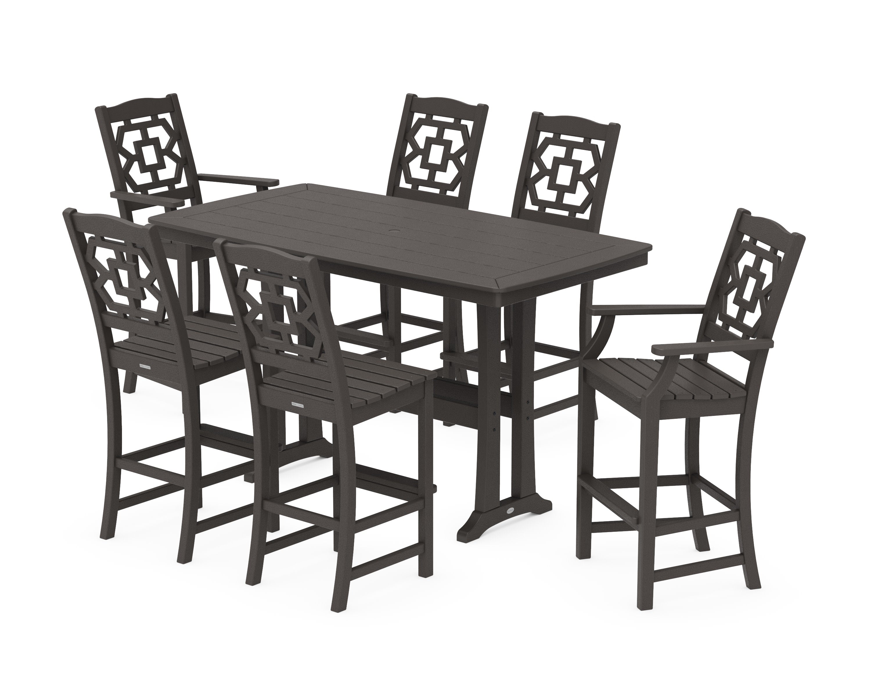 Chinoiserie 7-Piece Bar Set with Trestle Legs in Vintage Coffee