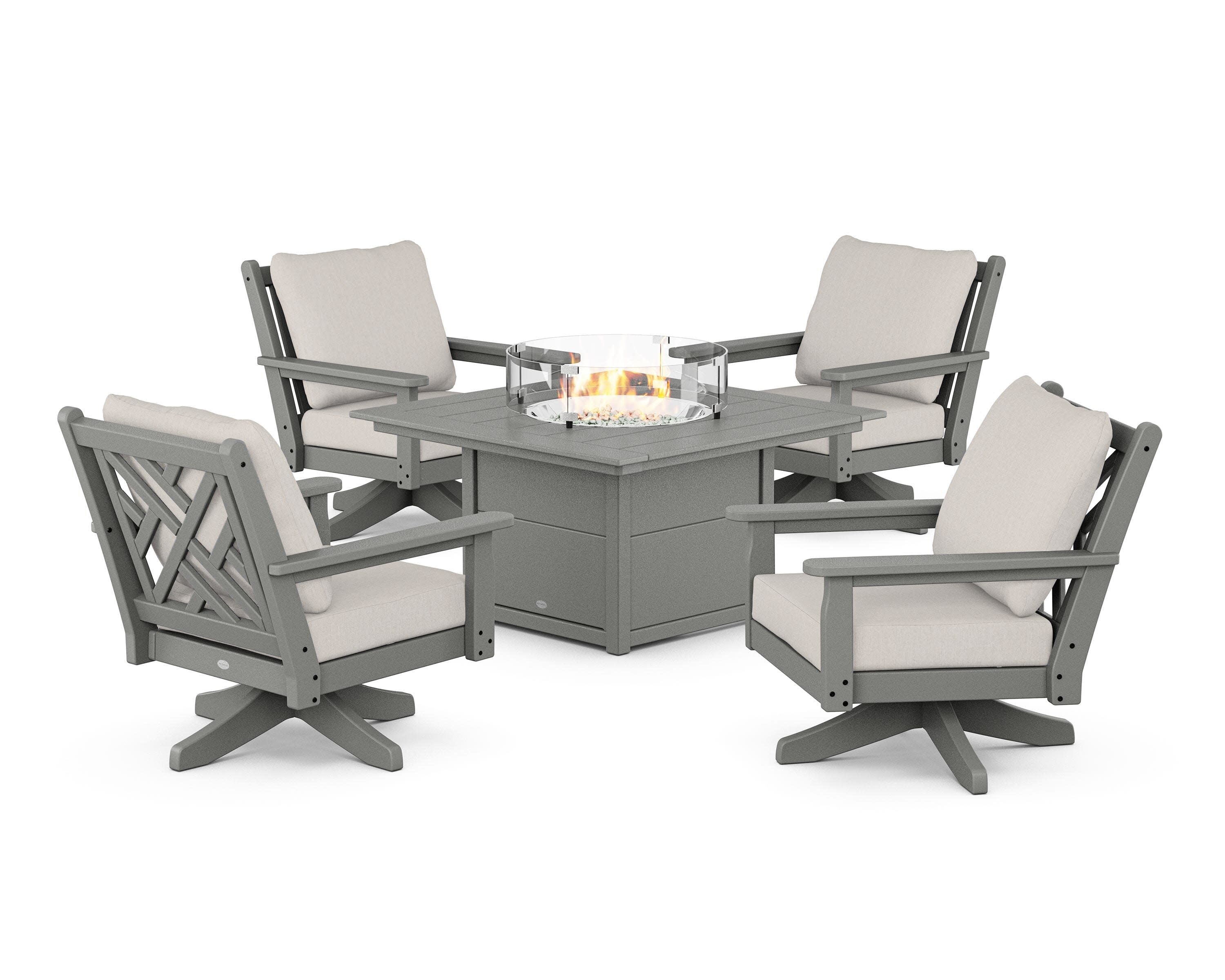 Chippendale 5-Piece Deep Seating Swivel Conversation Set with Fire Pit Table in Slate Grey / Cast Ash