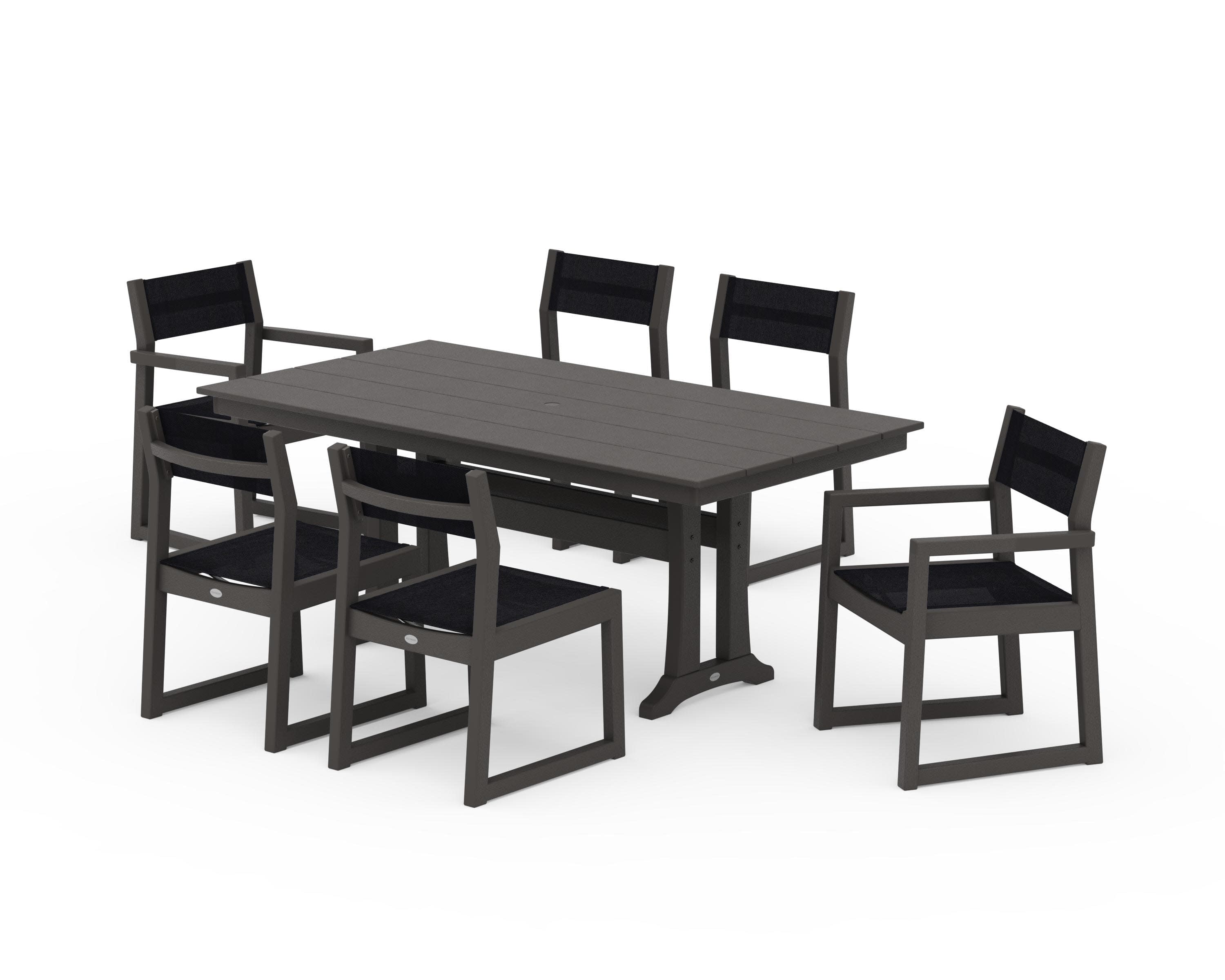 EDGE Sling 7-Piece Farmhouse Trestle Dining Set in Vintage Coffee / Black Sling