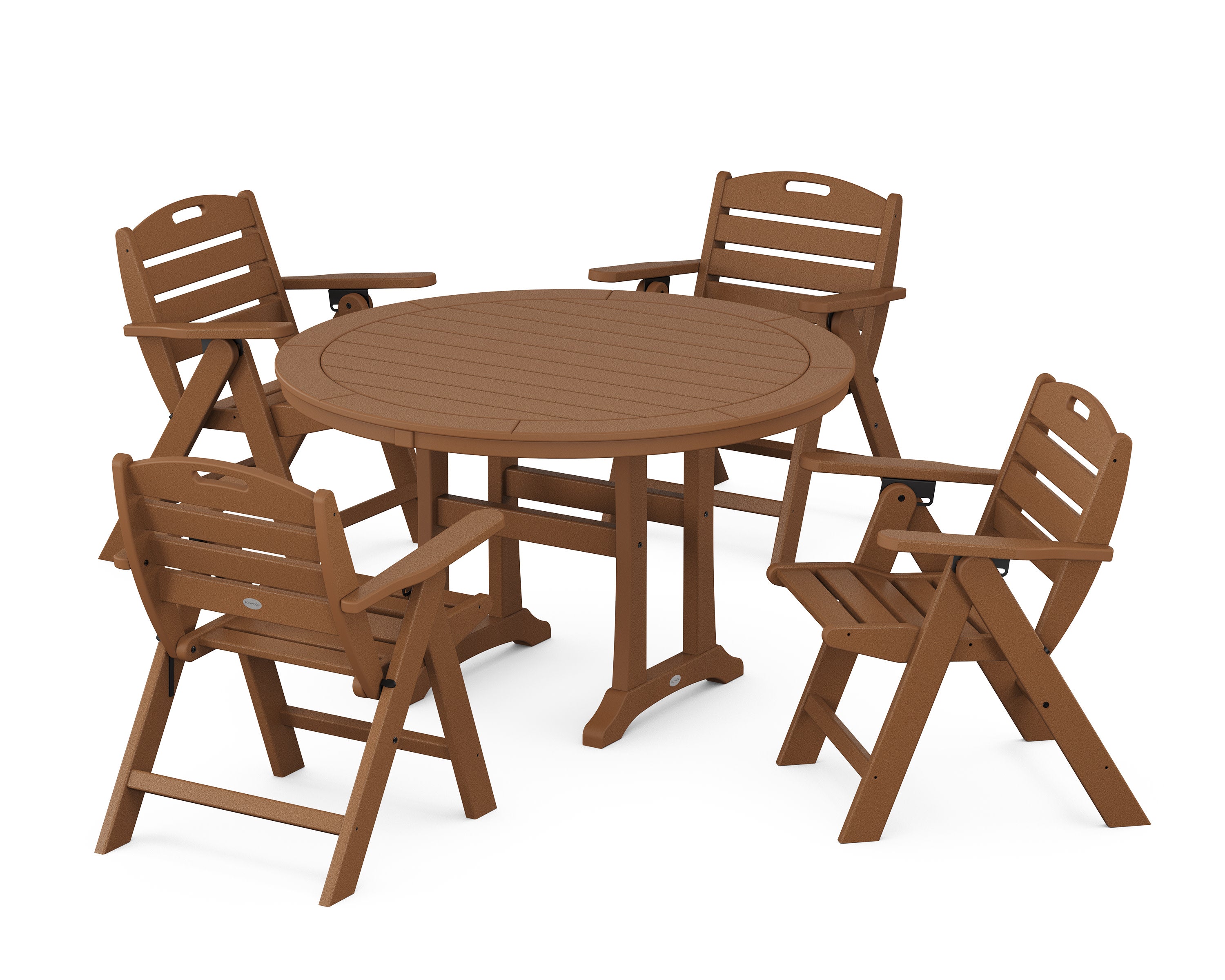 Nautical Folding Lowback Chair 5-Piece Round Dining Set With Trestle Legs in Teak