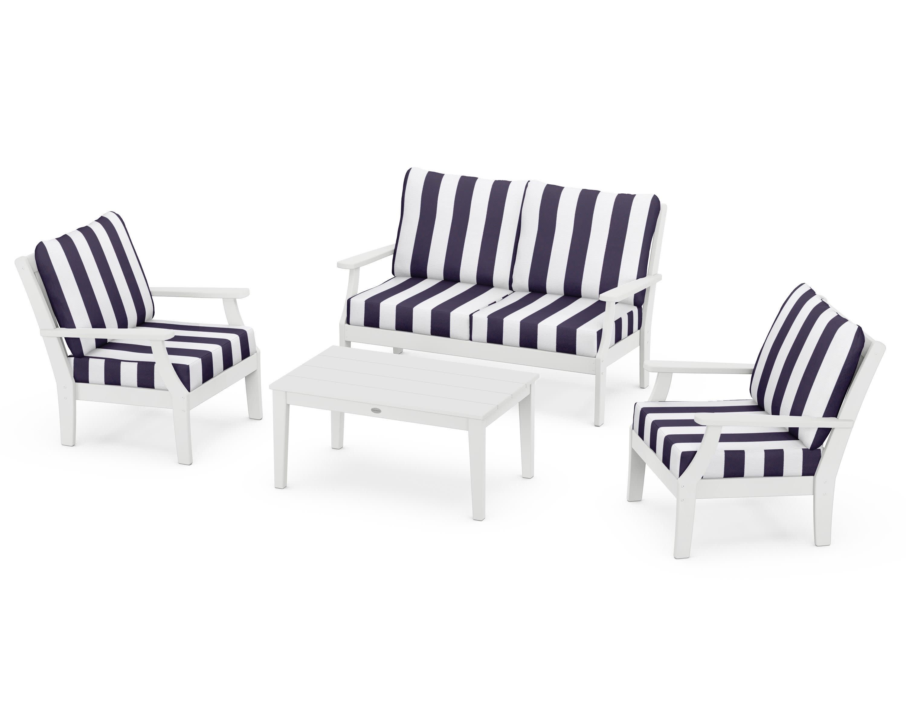 Braxton 4-Piece Deep Seating Chair Set in White / Cabana Stripe Navy