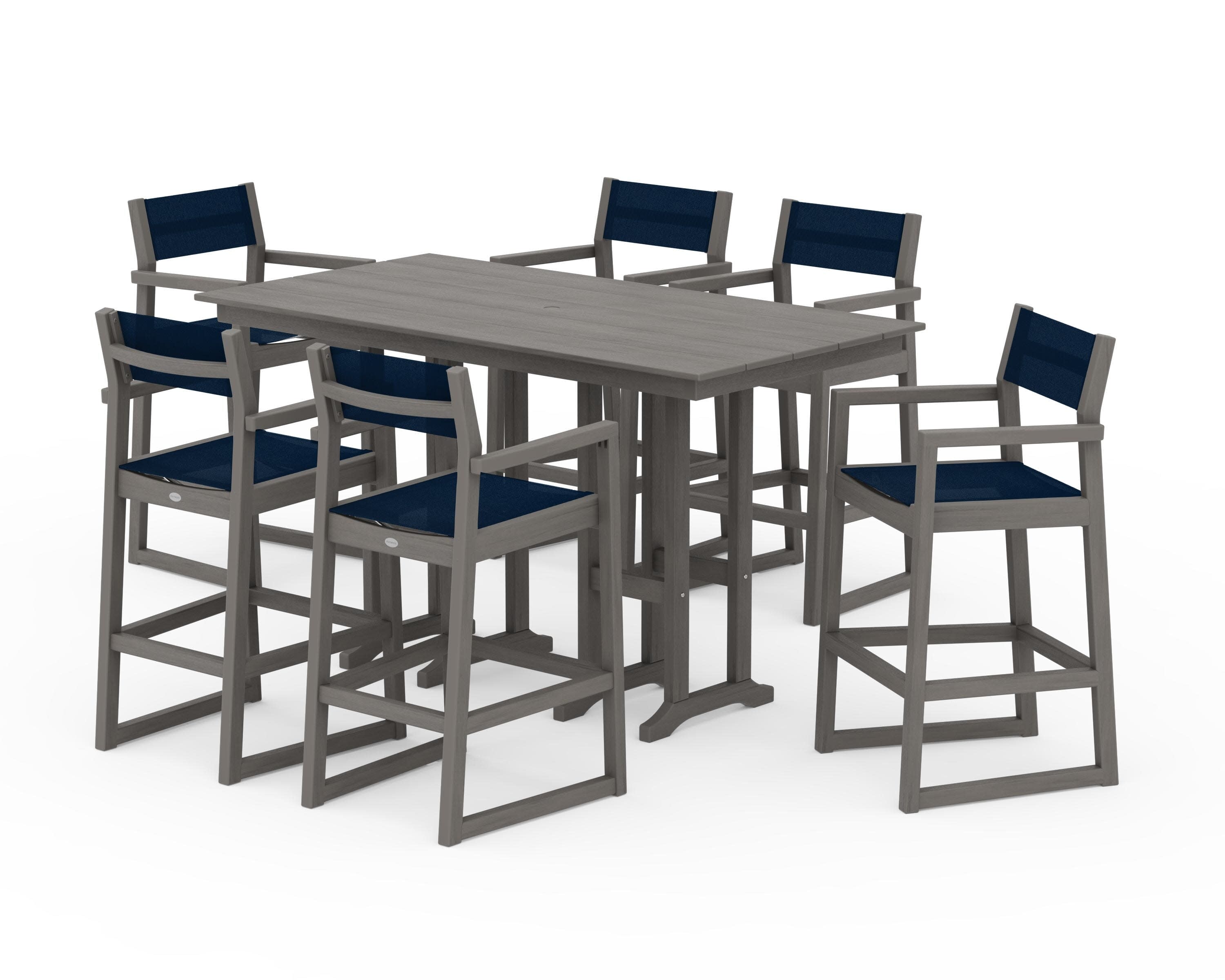 EDGE Sling Arm Chair 7-Piece Farmhouse Bar Set in Driftwood / Navy Blue Sling