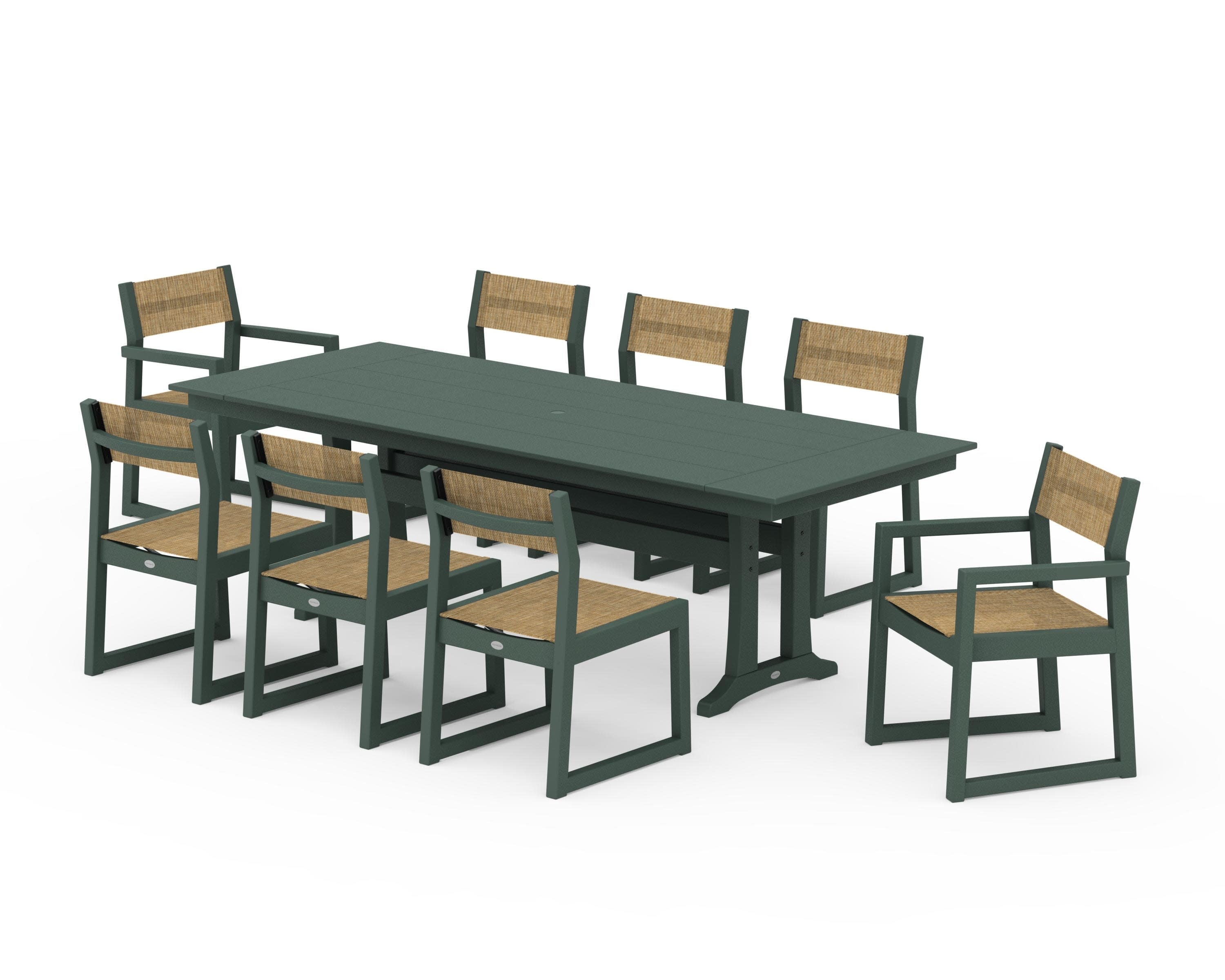 EDGE Sling 9-Piece Farmhouse Trestle Dining Set in Green / Burlap Sling