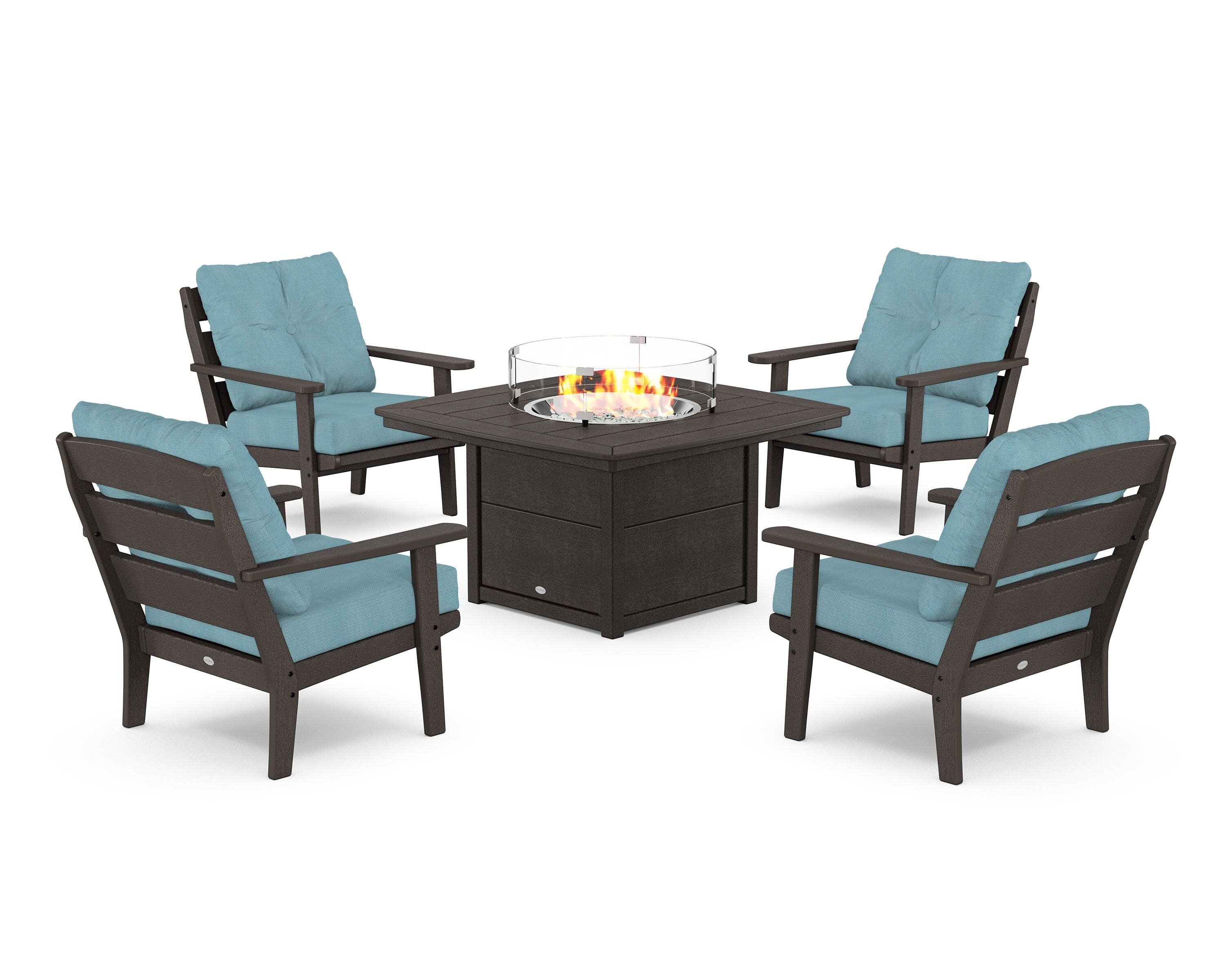 Lakeside 5-Piece Deep Seating Set with Nautical Fire Pit Table in Vintage Coffee / Lattice Sky Blue
