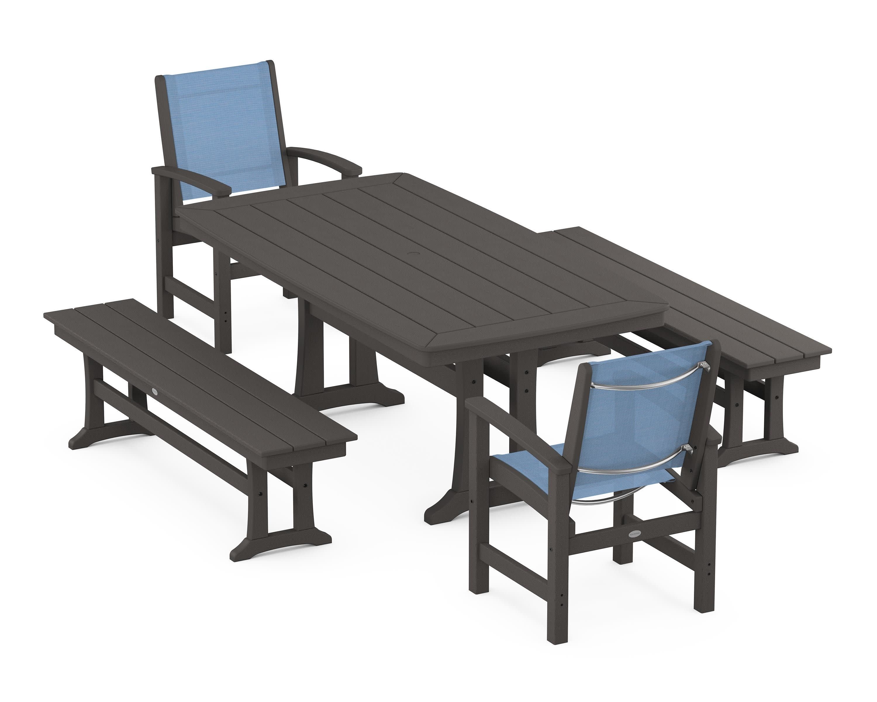 Coastal 5-Piece Dining Set with Trestle Legs and Benches in Vintage Coffee / Poolside Sling