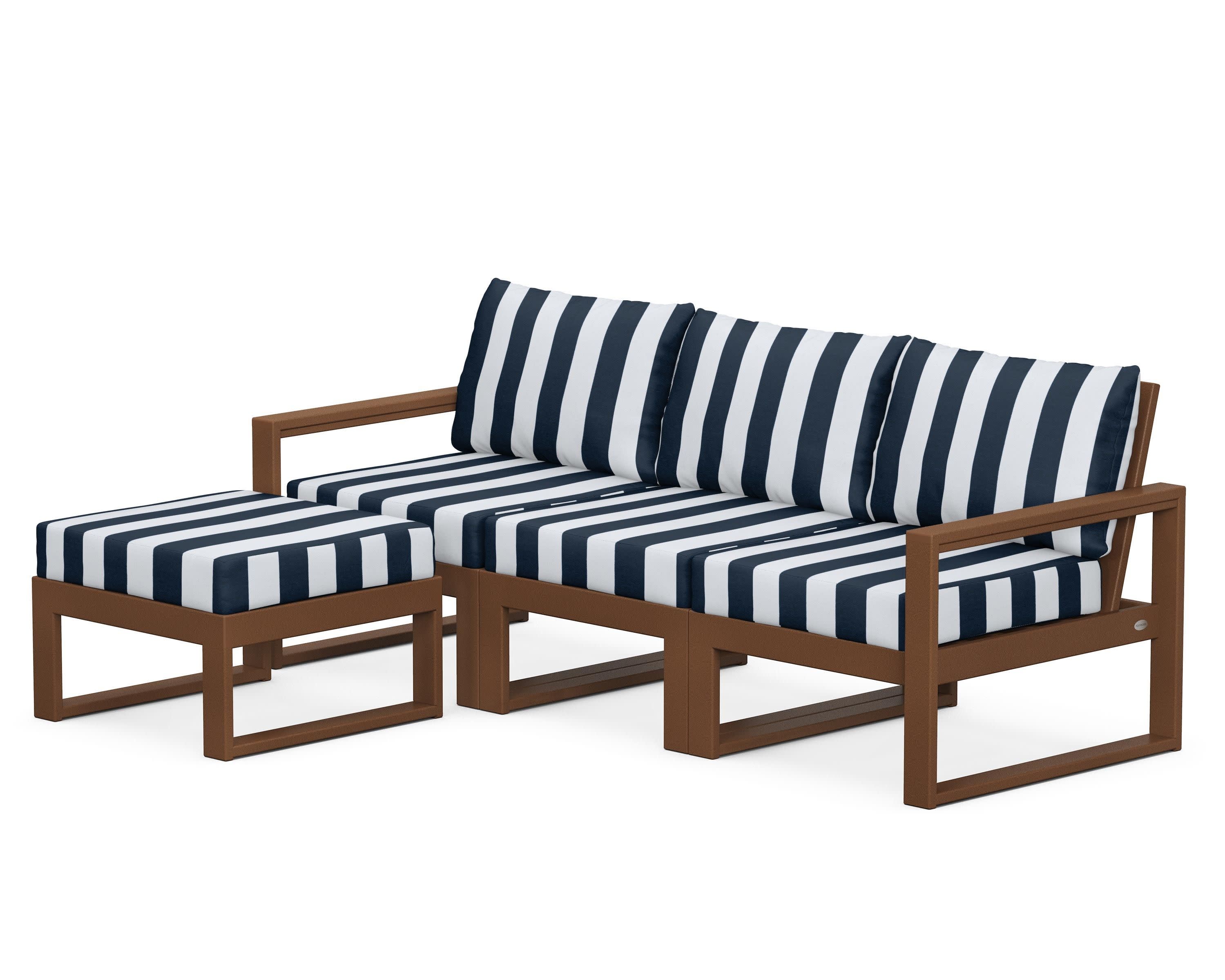 EDGE 4-Piece Modular Deep Seating Set with Ottoman in Teak / Cabana Stripe Marine Indigo