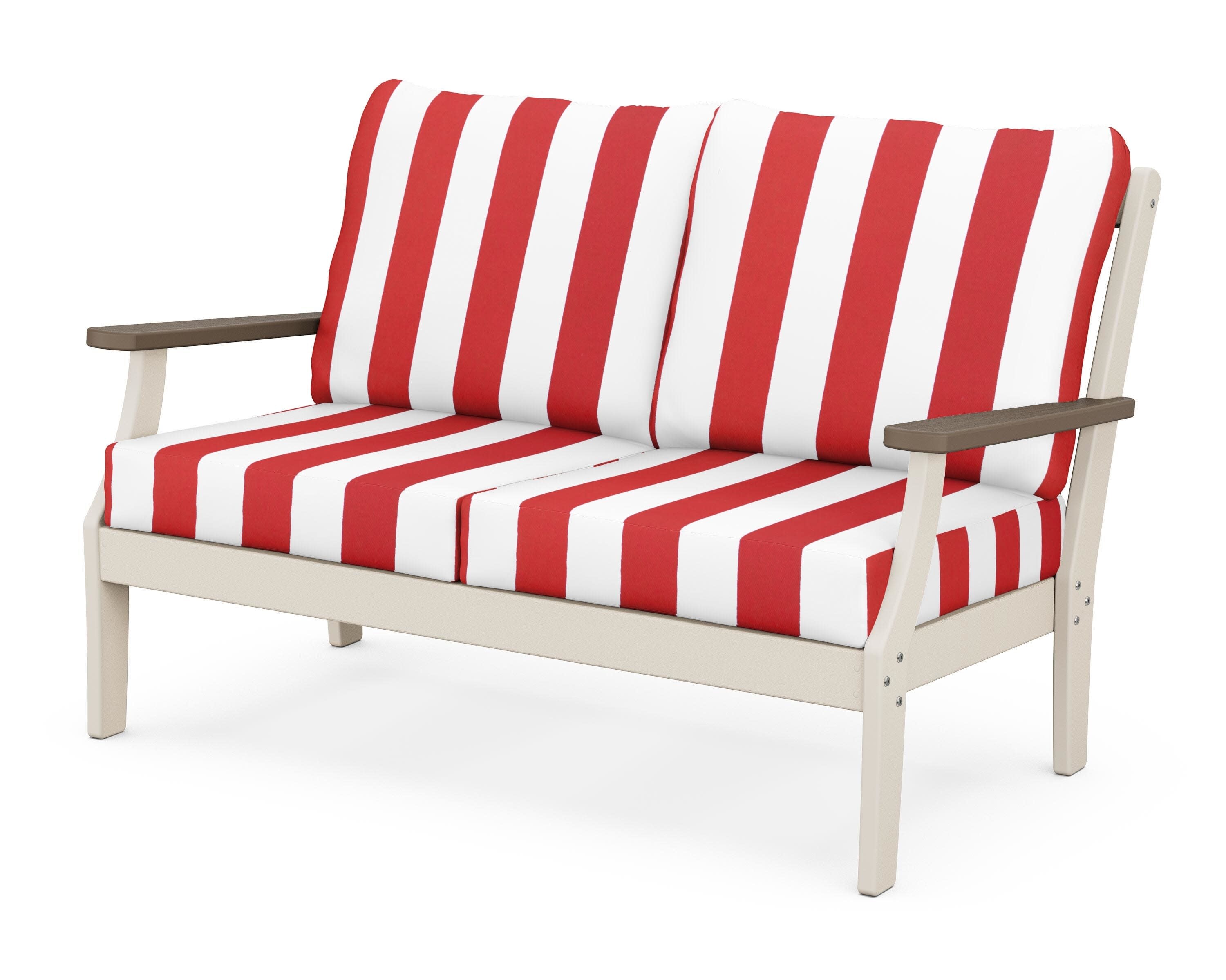 Braxton Deep Seating Loveseat in Sand / Kona / Cabana Stripe Crimson