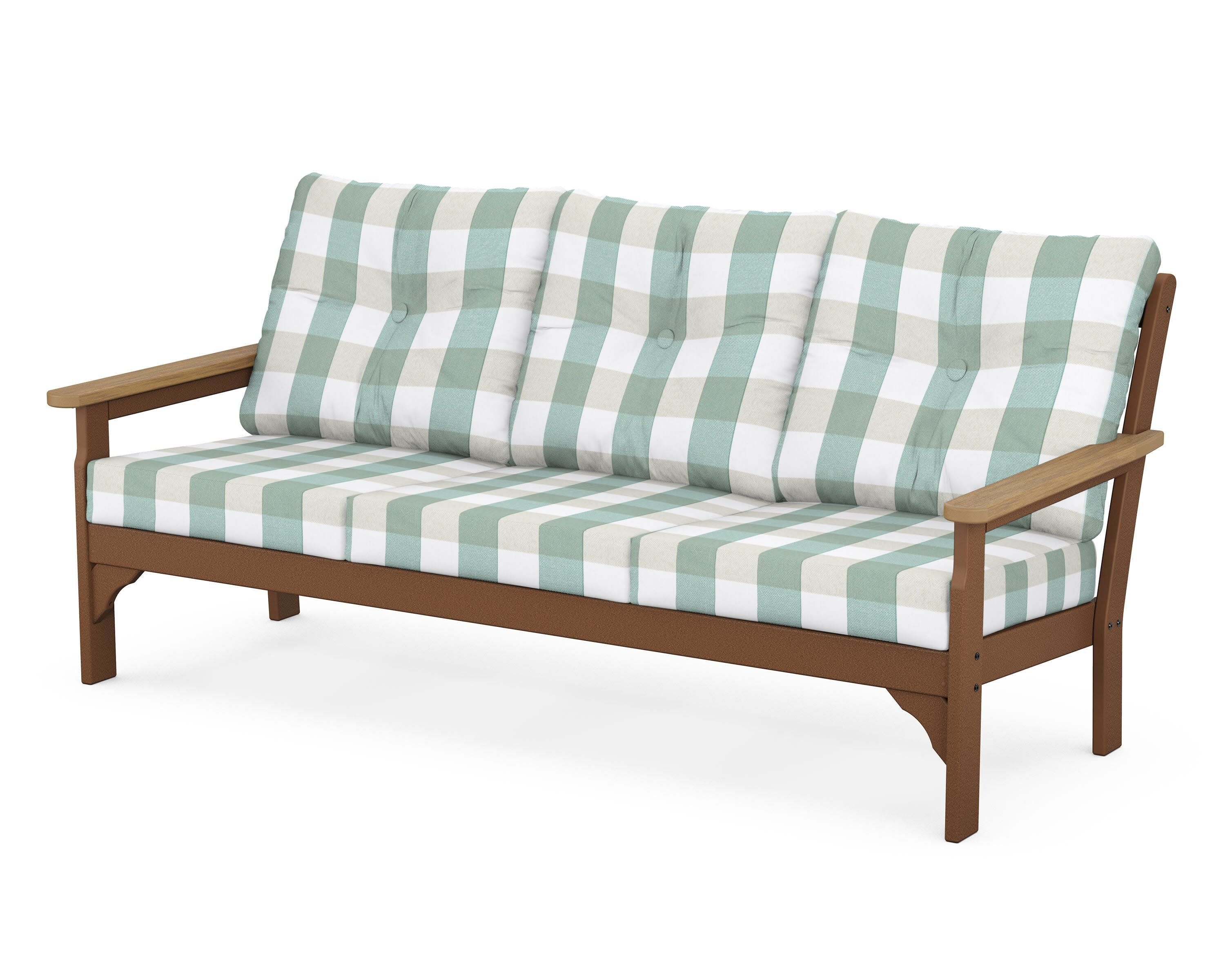 Vineyard Deep Seating Sofa in Teak / Natural / Buffalo Plaid Glacier Spa