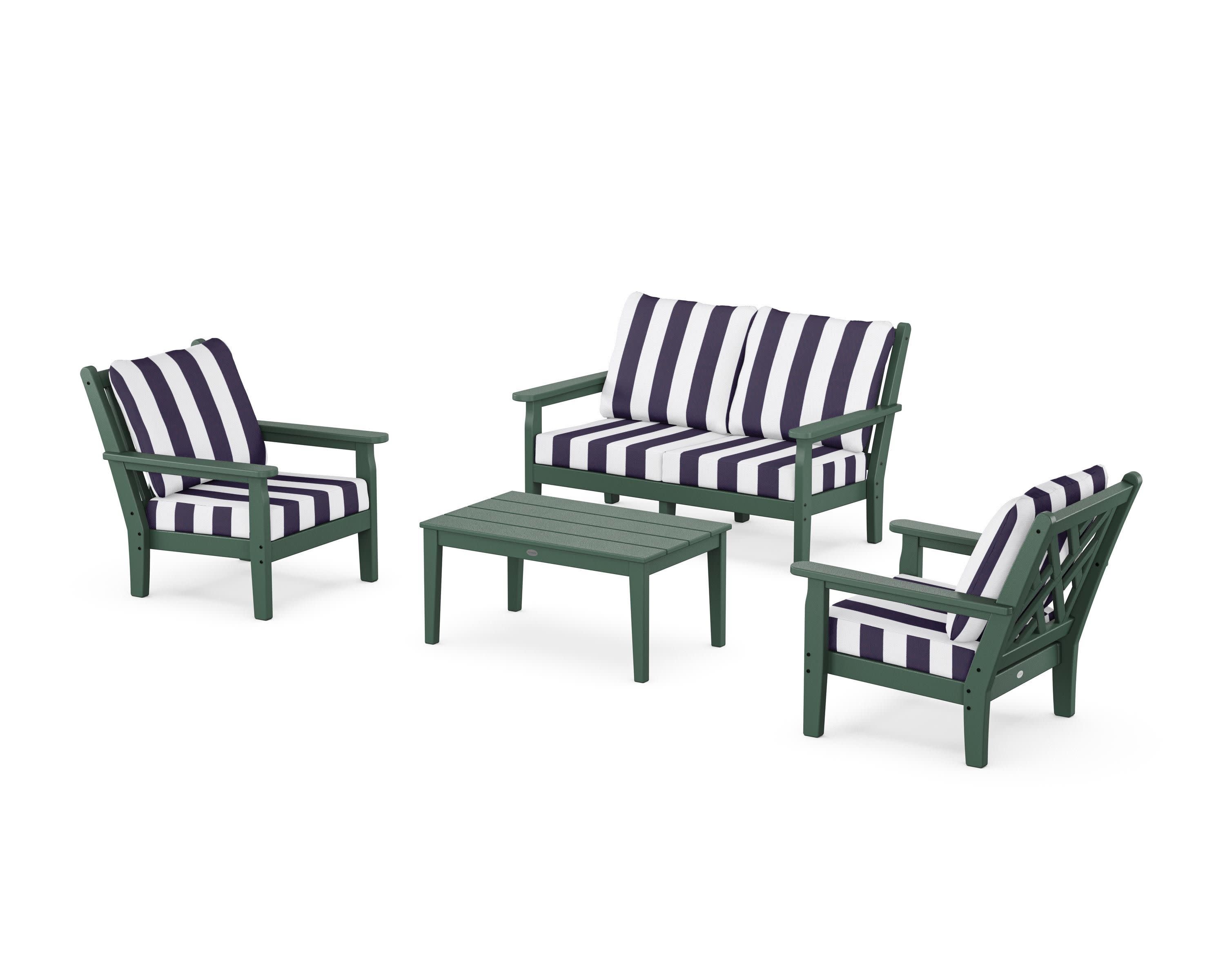 Chippendale 4-Piece Deep Seating Set with Loveseat in Green / Cabana Stripe Navy