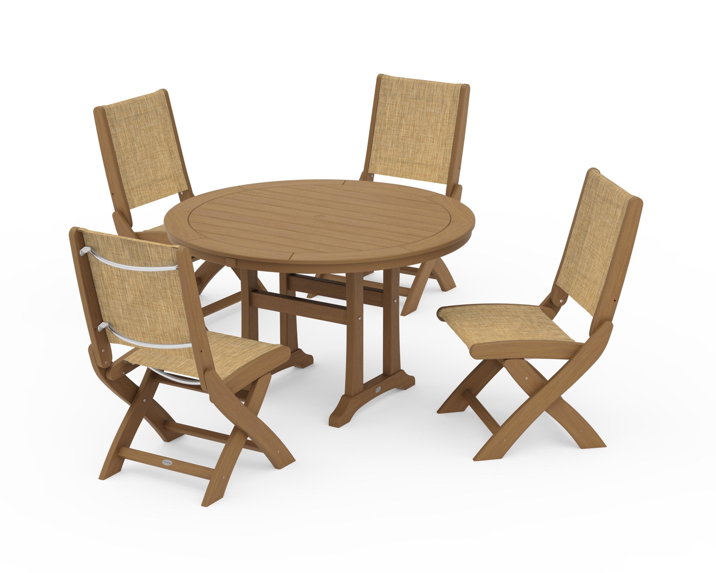 Coastal Folding Side Chair 5-Piece Round Dining Set With Trestle Legs in Natural / Burlap Sling
