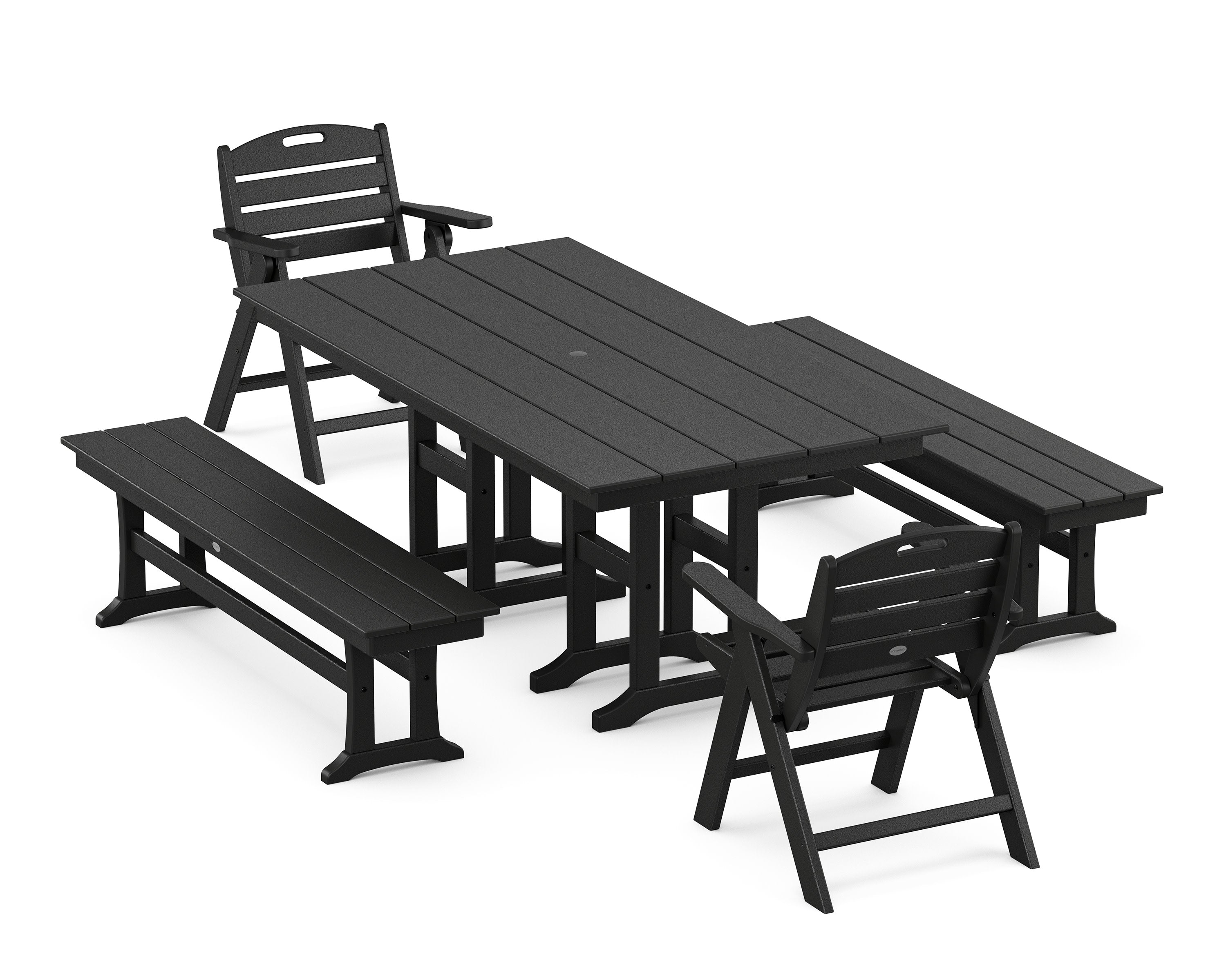 Nautical Lowback 5-Piece Farmhouse Dining Set with Benches in Black
