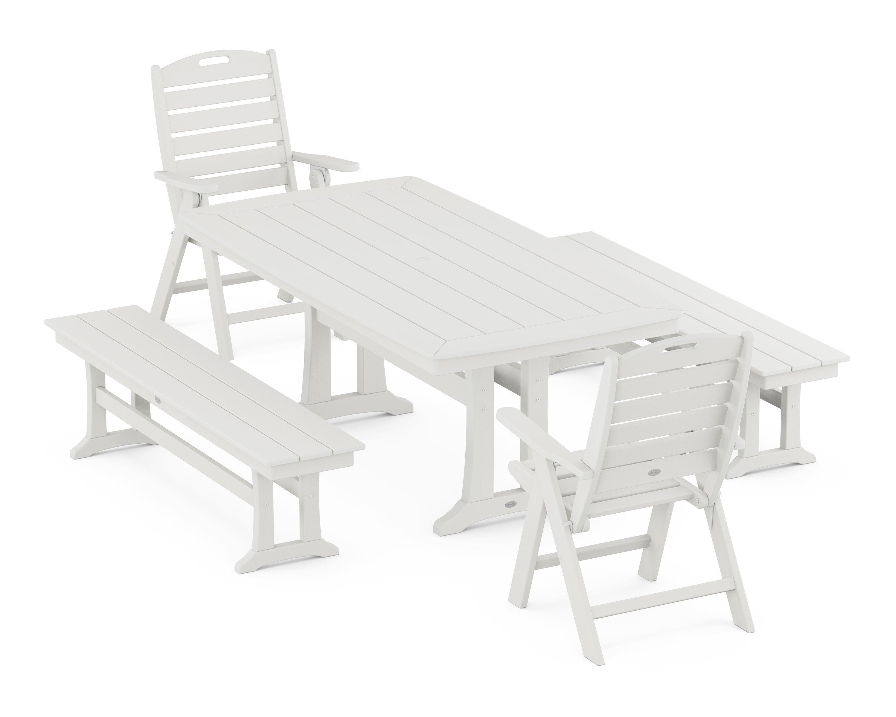 Nautical Folding Highback Chair 5-Piece Dining Set with Trestle Legs and Benches in Vintage White