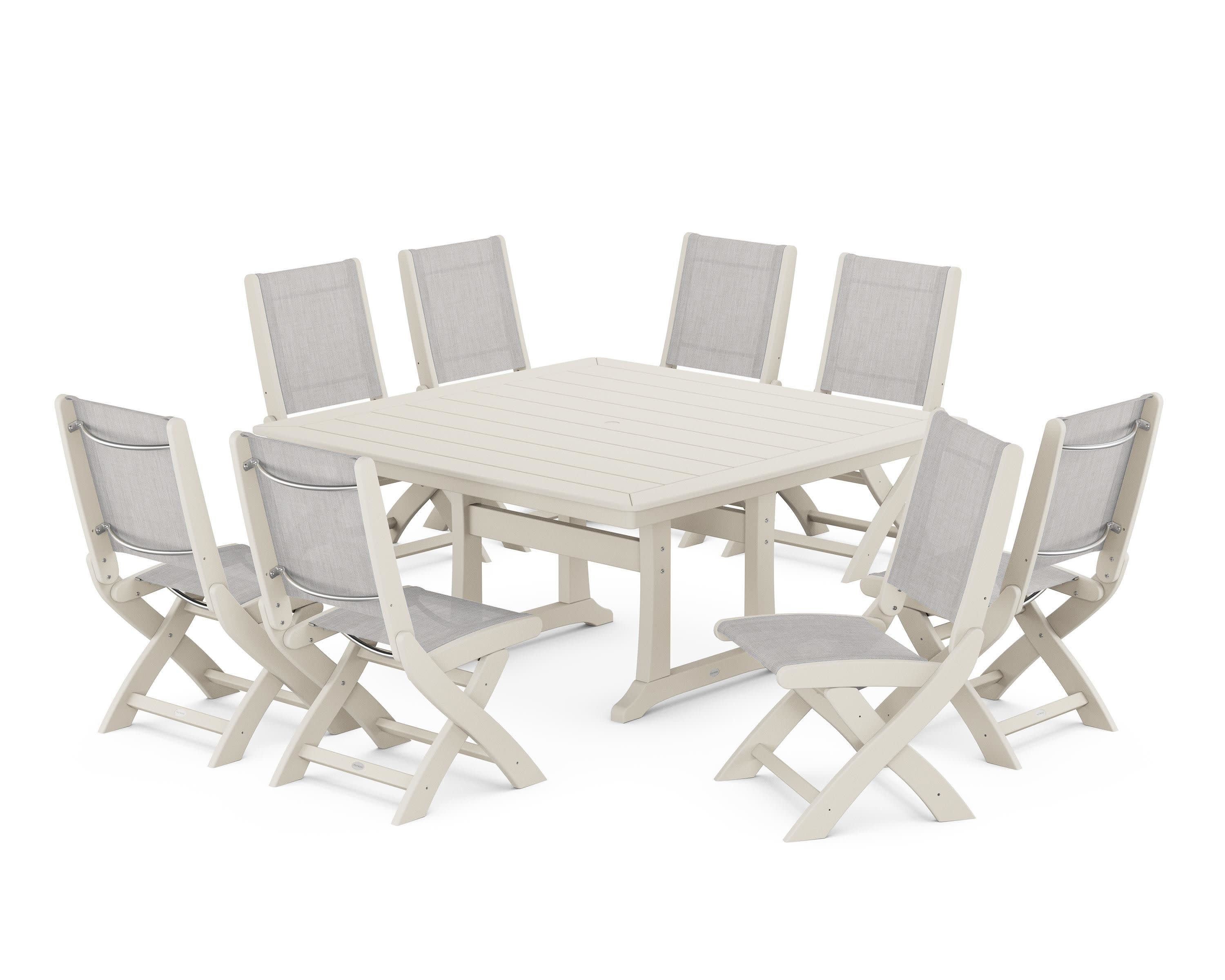 Coastal Folding Side Chair 9-Piece Dining Set with Trestle Legs in Sand / Parchment Sling