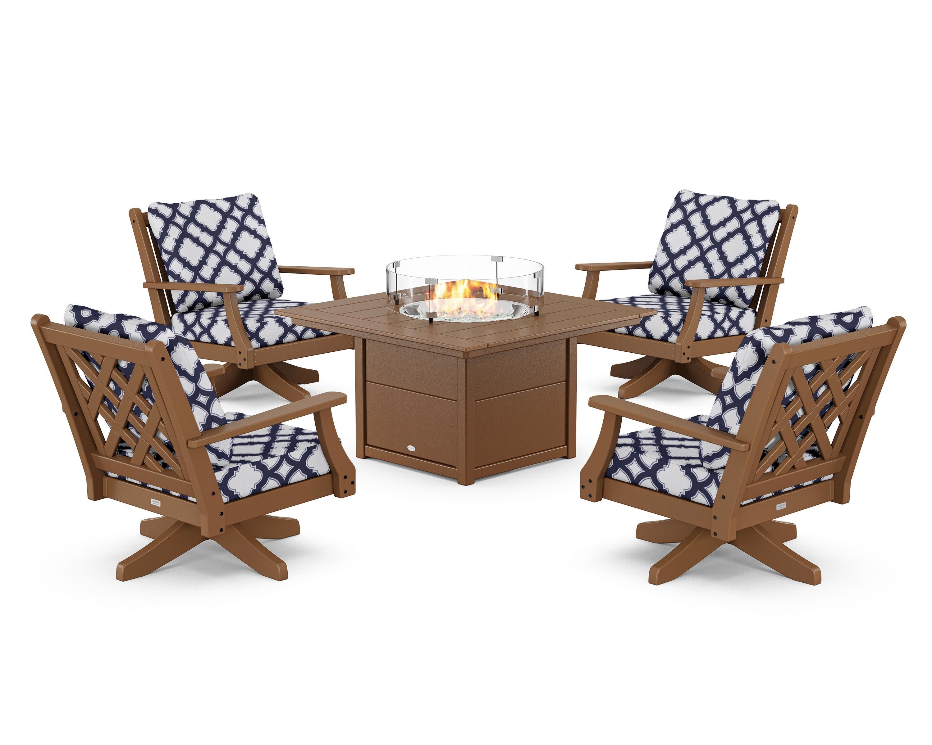 Wovendale 5-Piece Deep Seating Swivel Conversation Set with Fire Pit Table in Teak / Trellis Navy