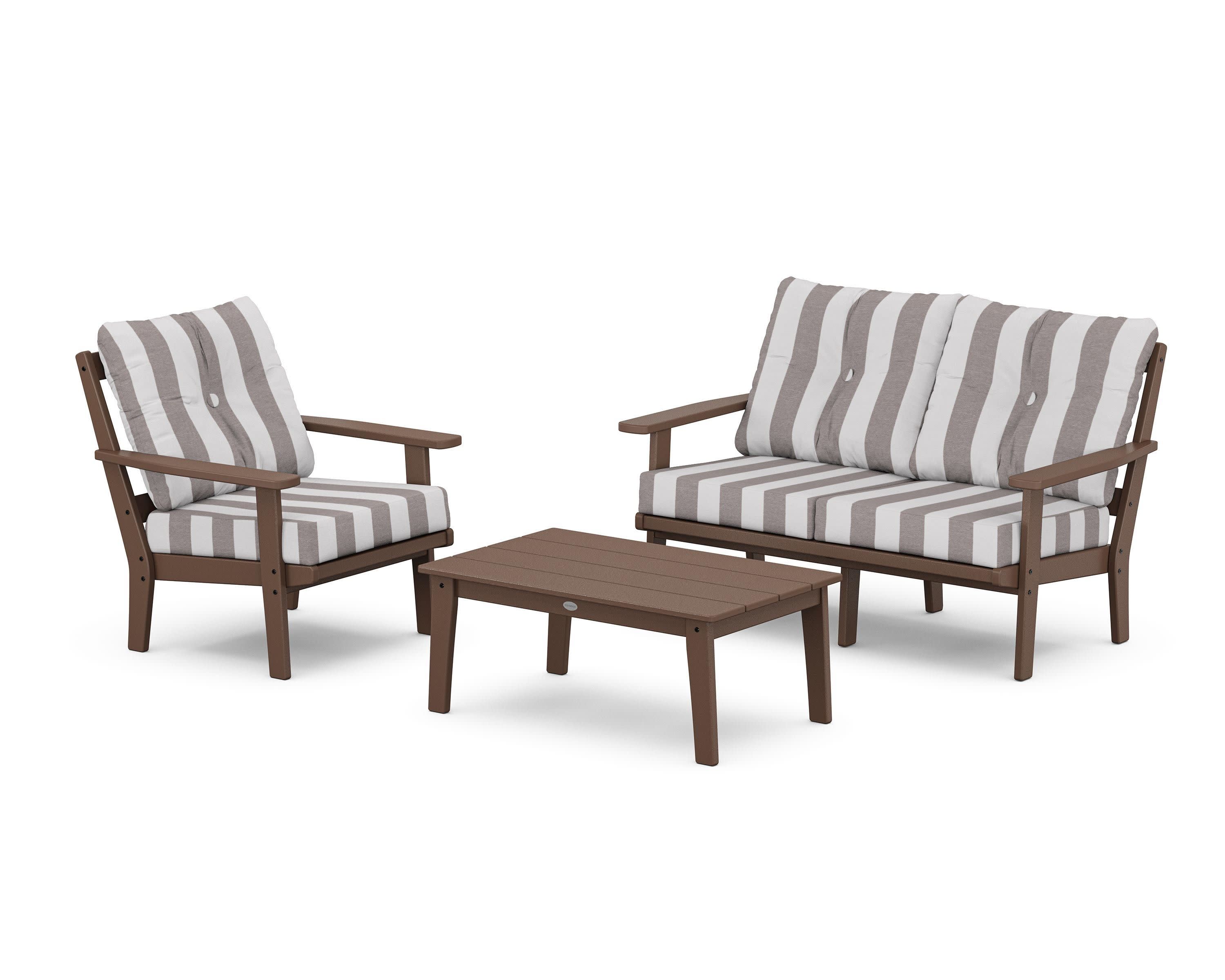 Oxford 3-Piece Deep Seating Set with Loveseat in Mahogany / Cabana Stripe Grey Mist
