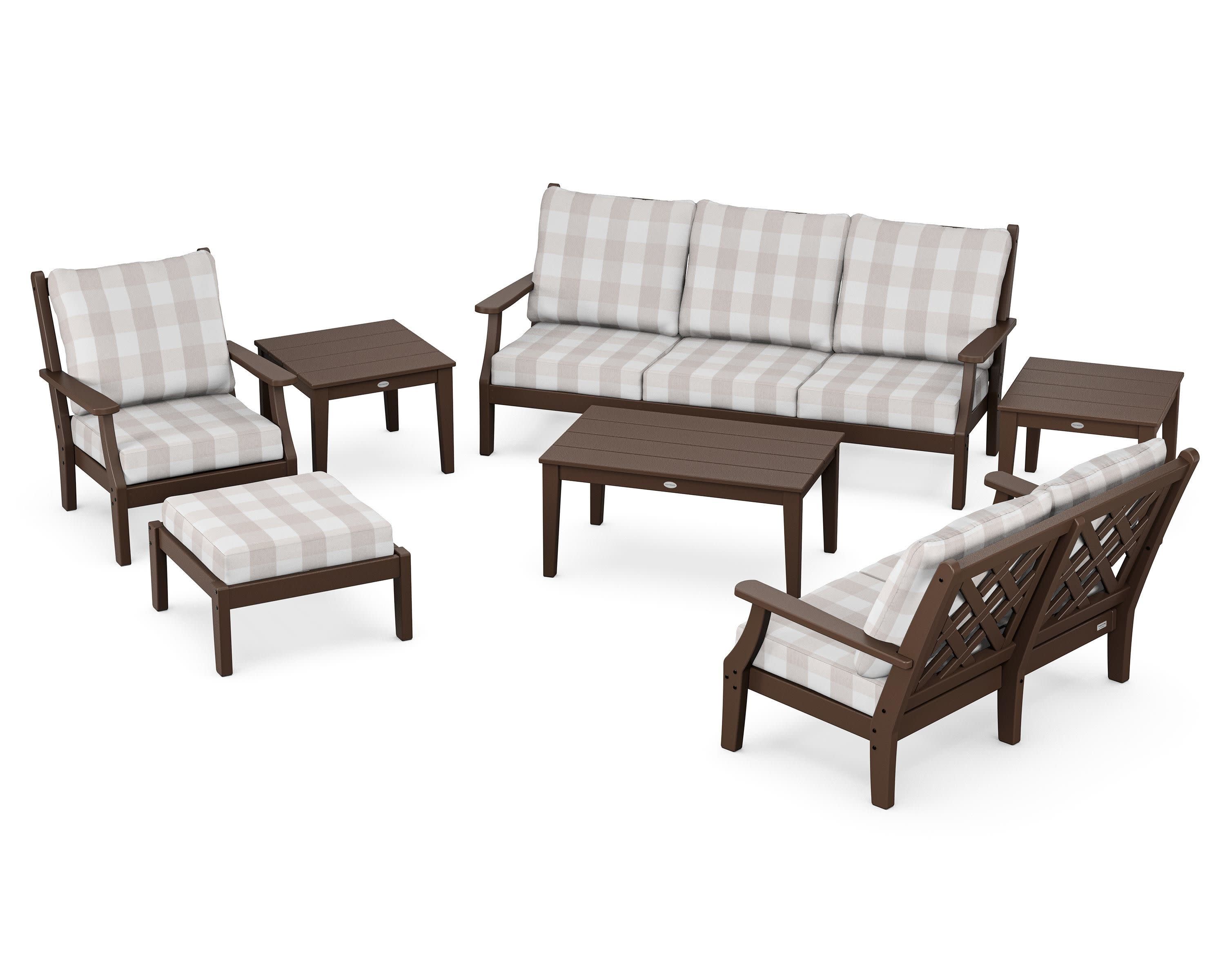 Wovendale 7-Piece Deep Seating Set in Mahogany / Buffalo Plaid Dune Burlap