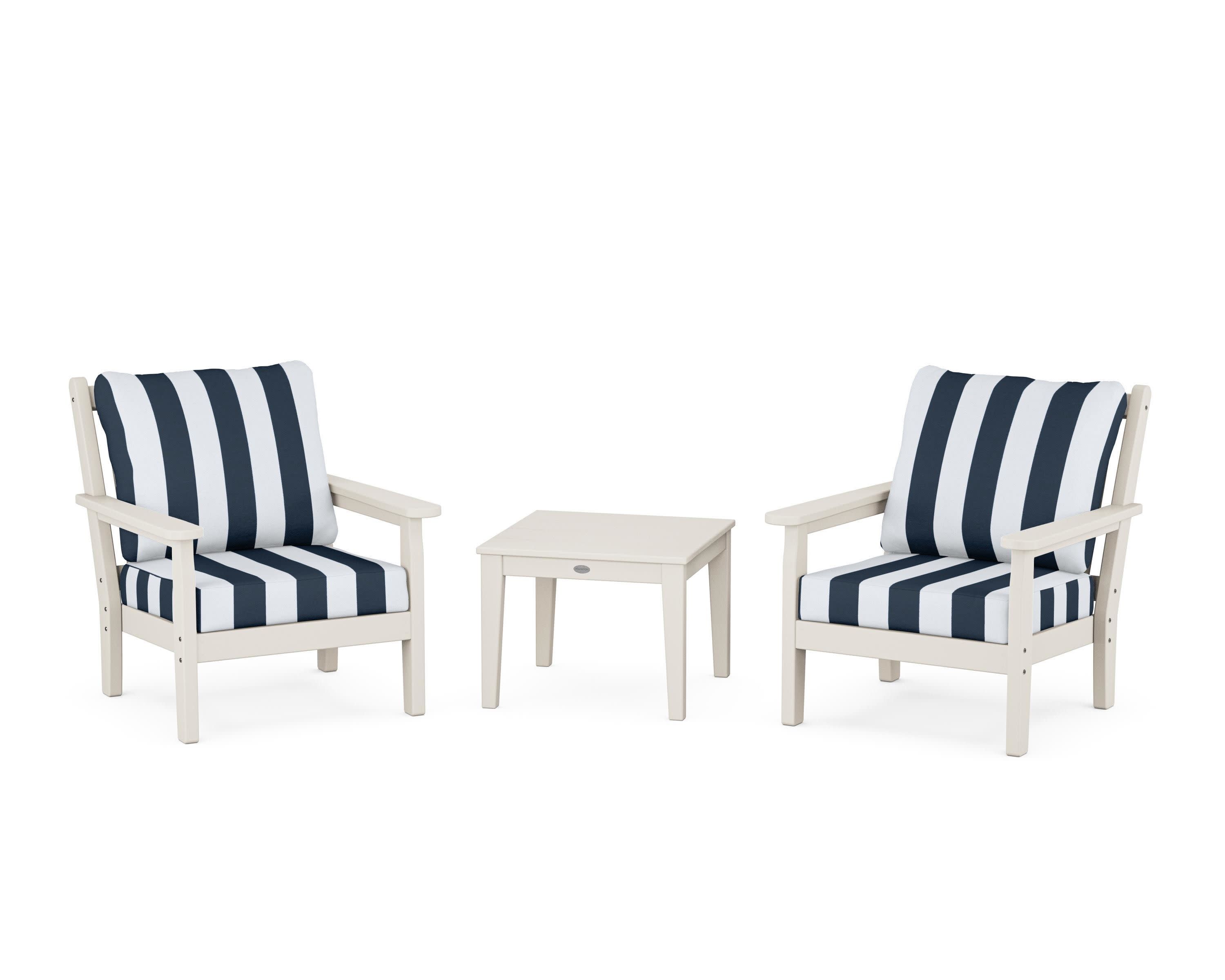 Chippendale 3-Piece Deep Seating Set in Sand / Cabana Stripe Marine Indigo