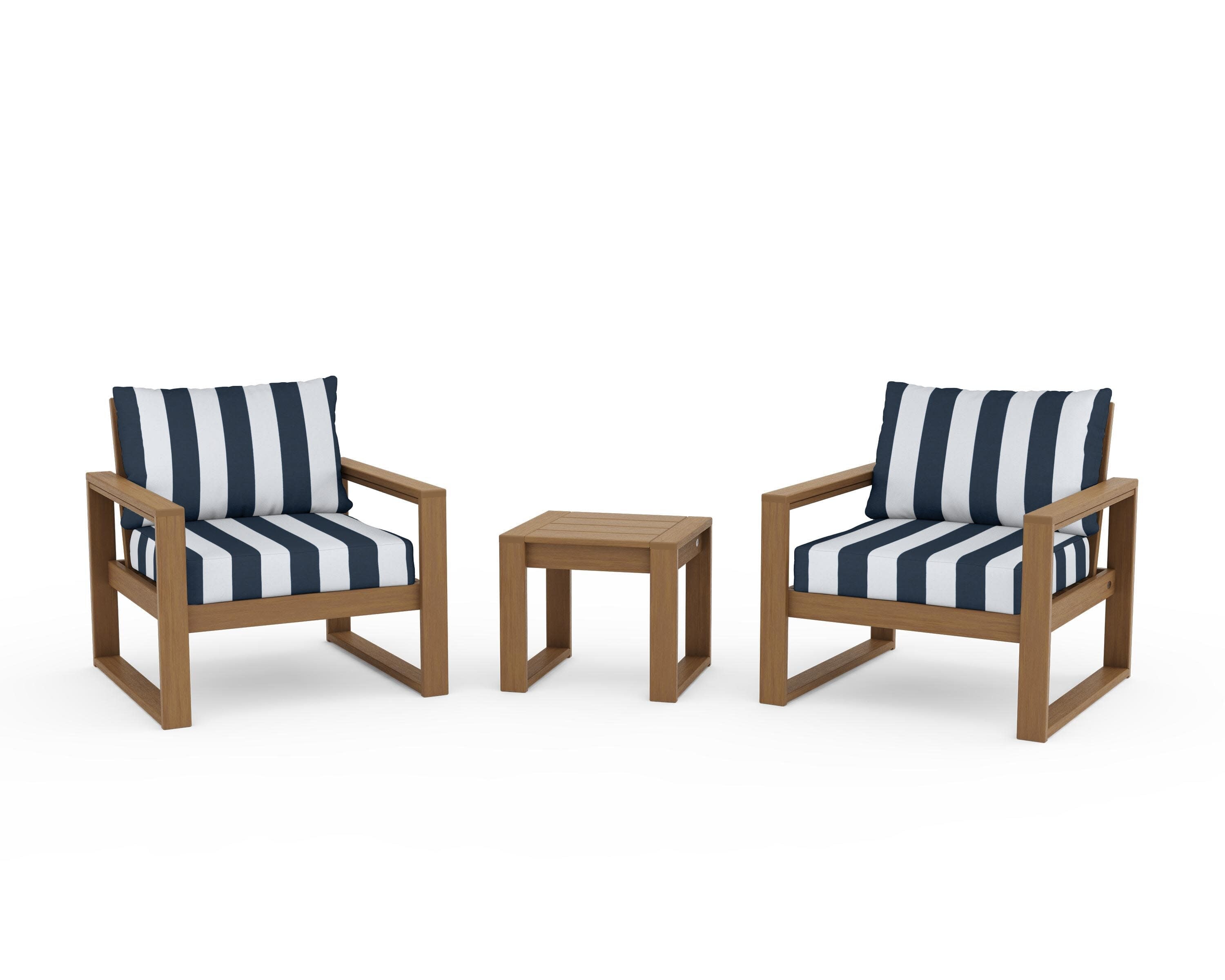 EDGE Sectional 3-Piece Deep Seating Set in Natural / Cabana Stripe Marine Indigo