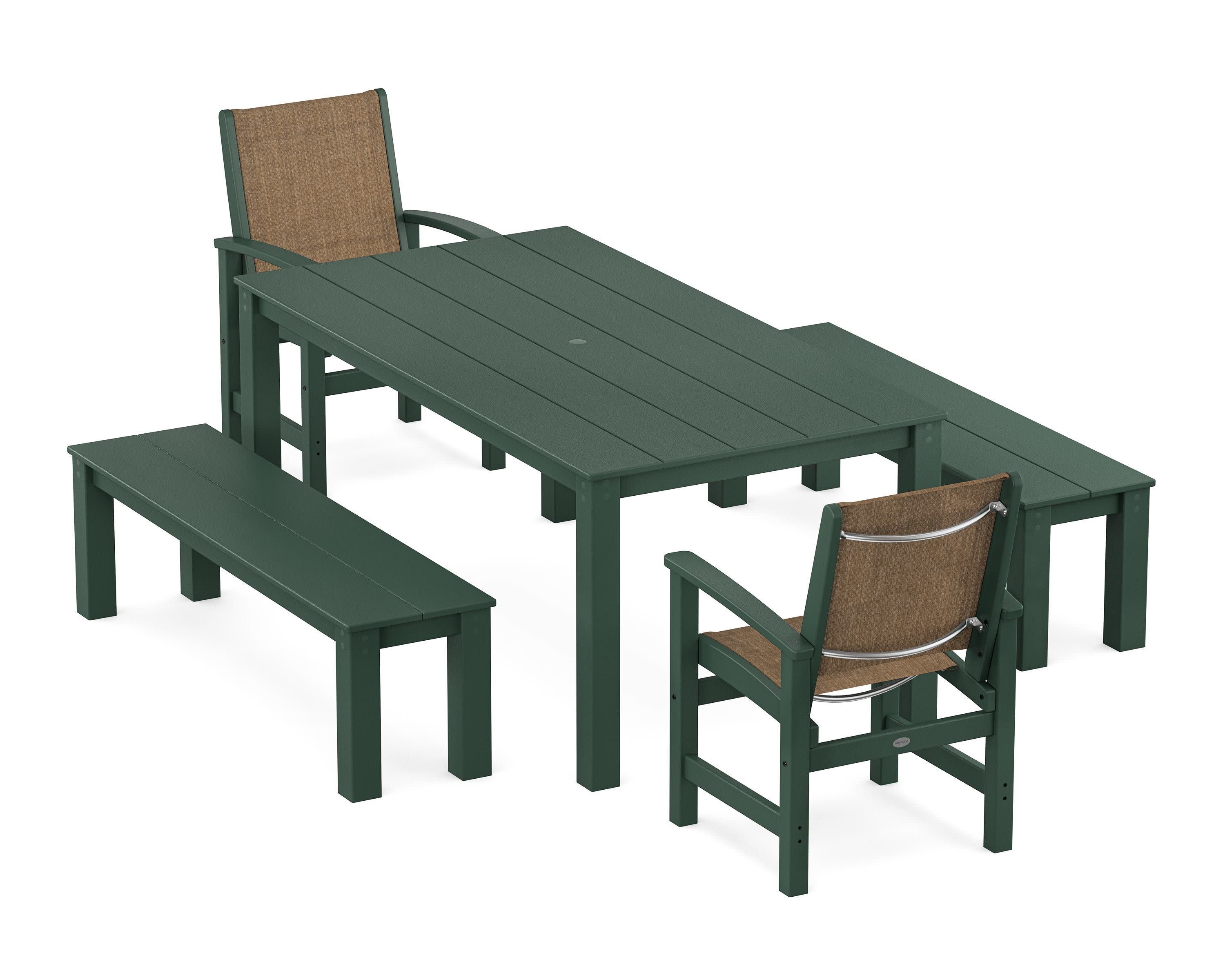 Coastal 5-Piece Parsons Dining Set with Benches in Green / Burlap Sling