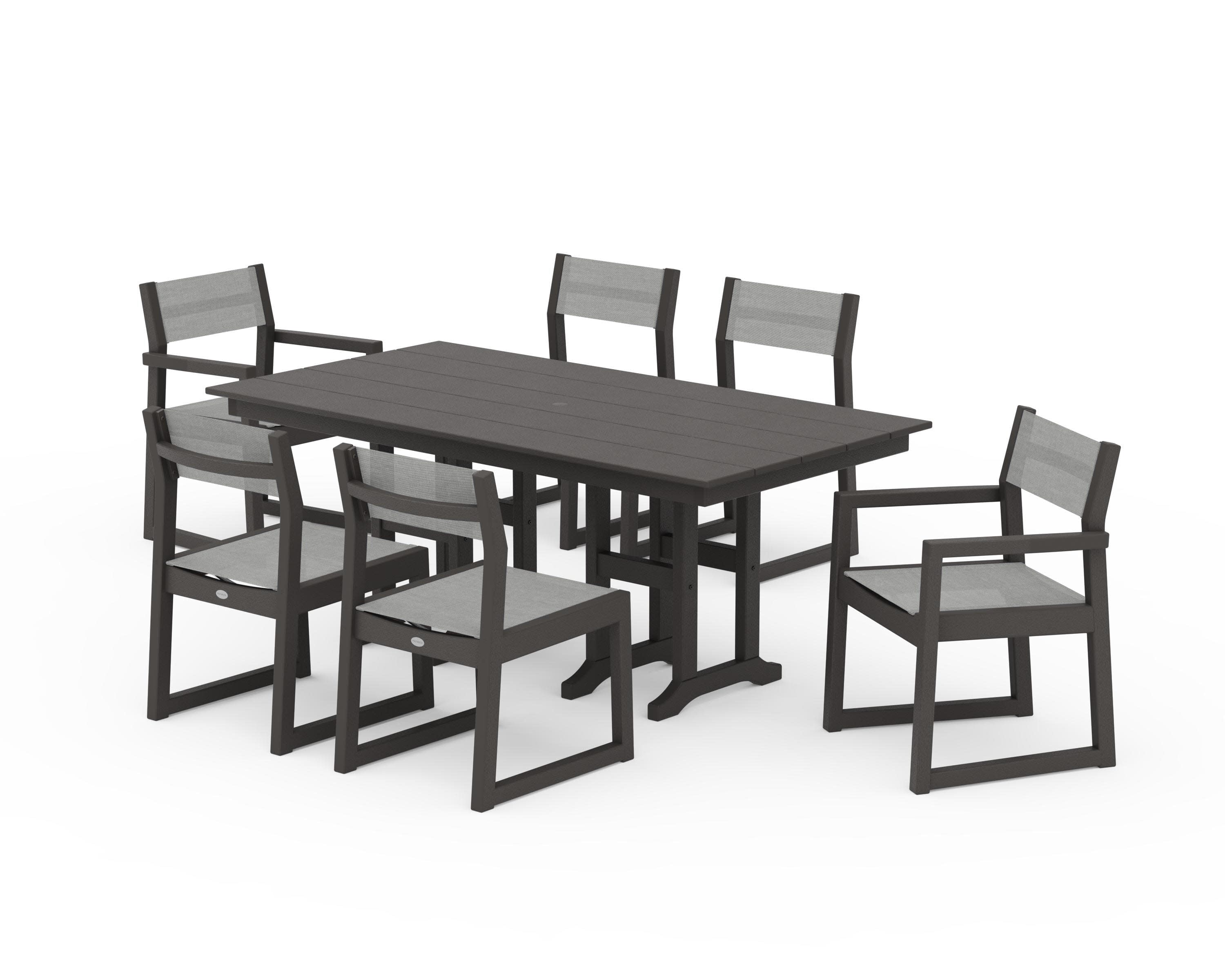 EDGE Sling 7-Piece Farmhouse Dining Set in Vintage Coffee / Metallic Sling