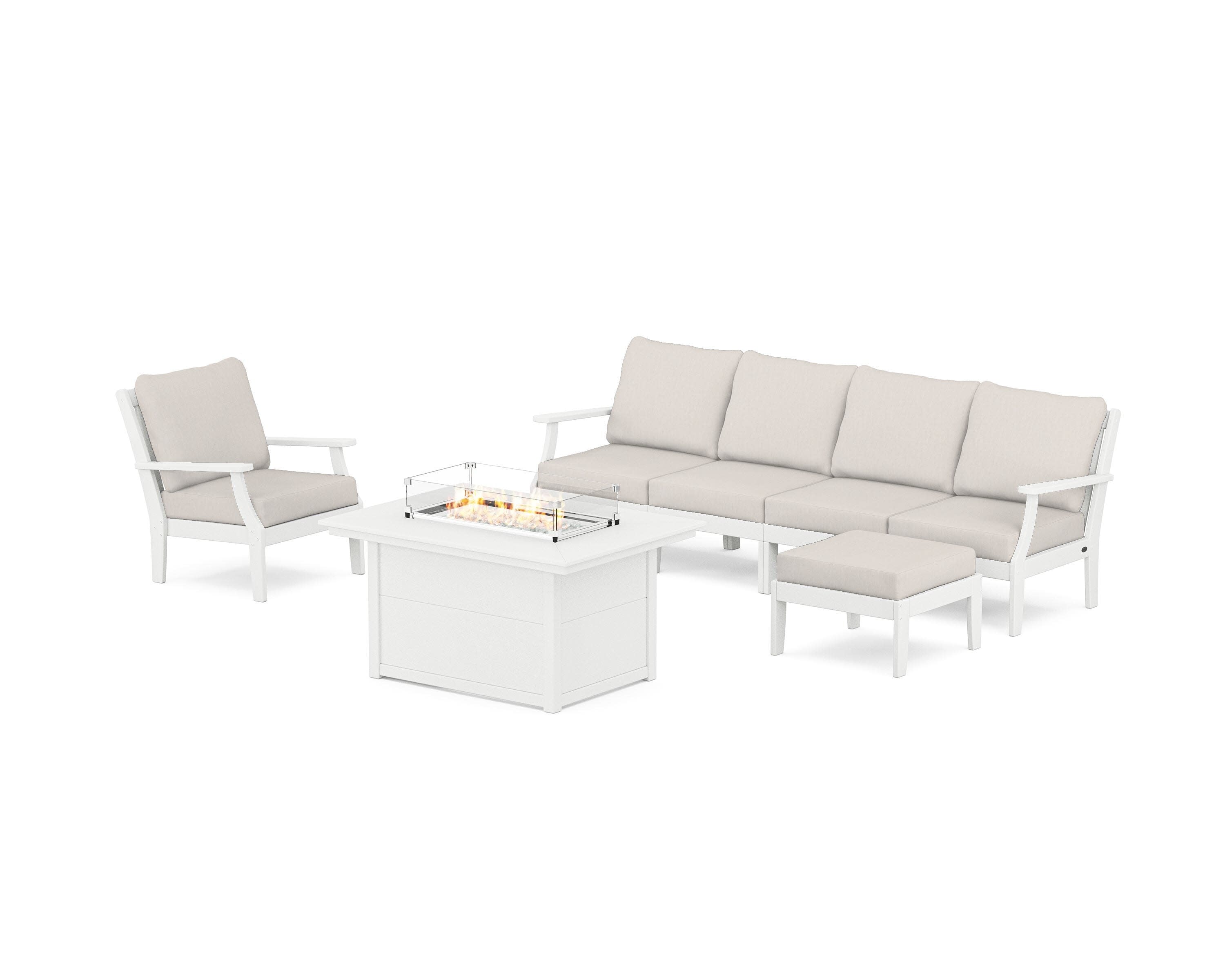 Braxton Sectional Lounge and Fire Pit Set in Vintage White / Cast Ash