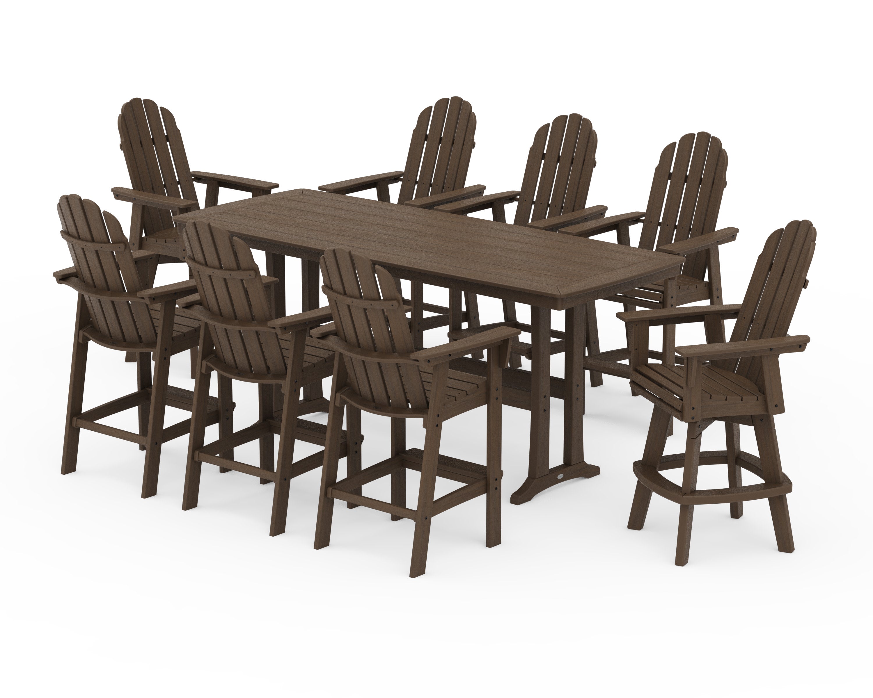 Vineyard Curveback Adirondack Swivel 9-Piece Bar Set with Trestle Legs in Kona
