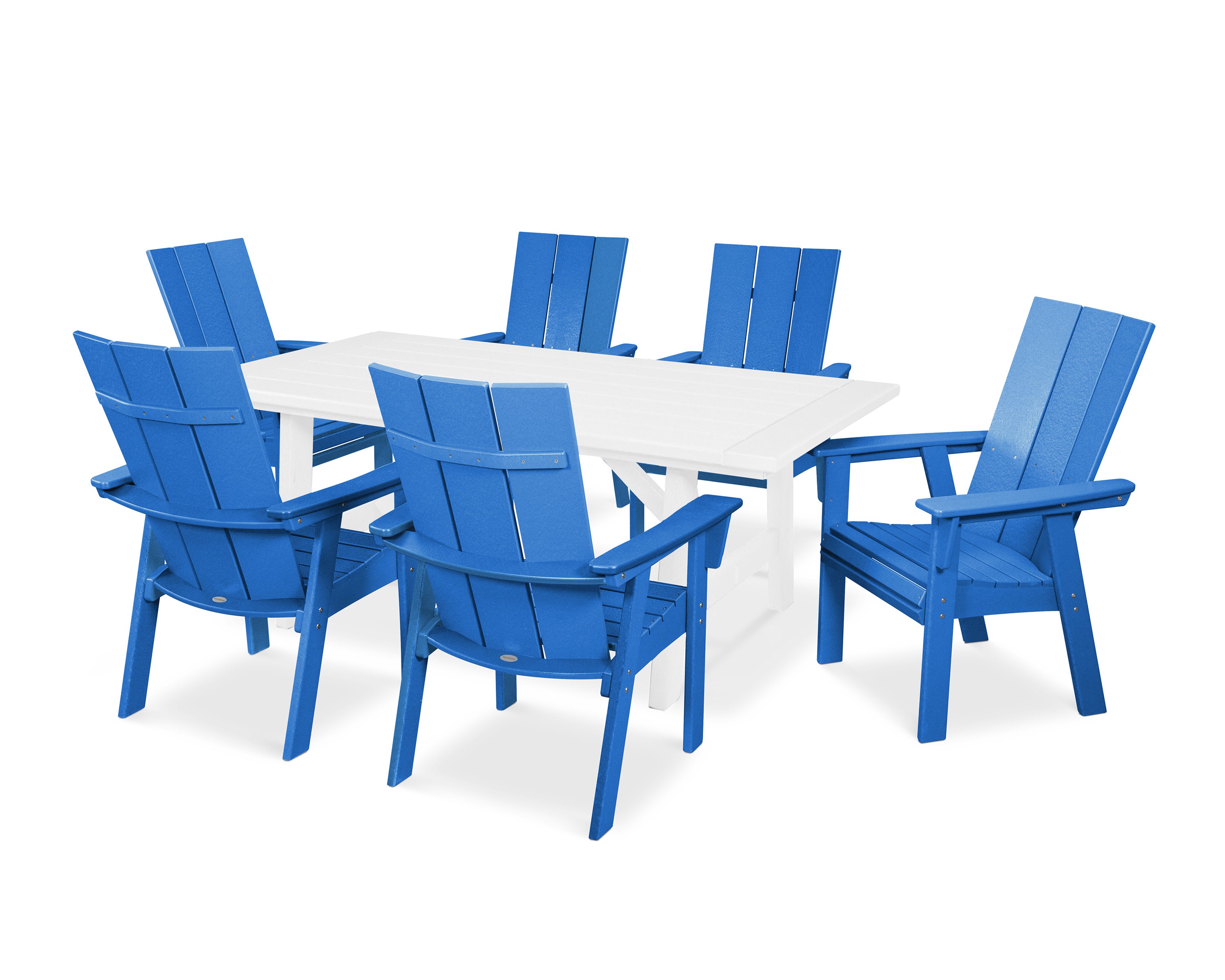 Modern Curveback Adirondack 7-Piece Rustic Farmhouse Dining Set in Pacific Blue / White