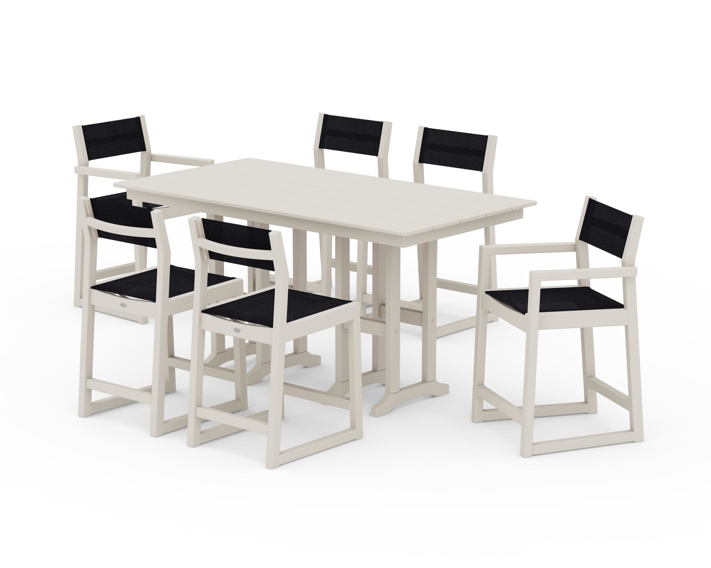 EDGE Sling 7-Piece Farmhouse Counter Set with Trestle Legs in Sand / Black Sling