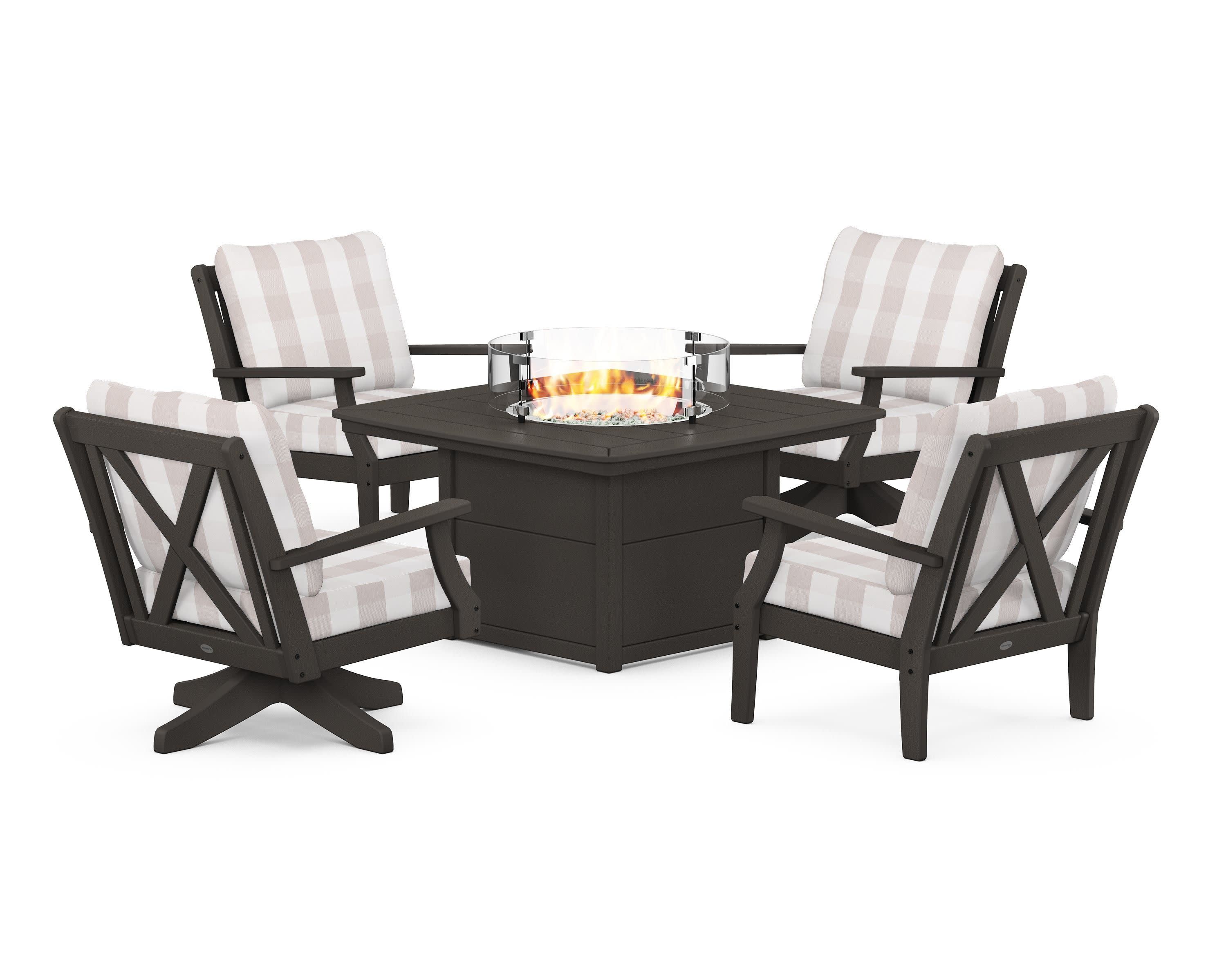 Braxton 5-Piece Deep Seating Set with Fire Table in Vintage Coffee / Buffalo Plaid Dune Burlap