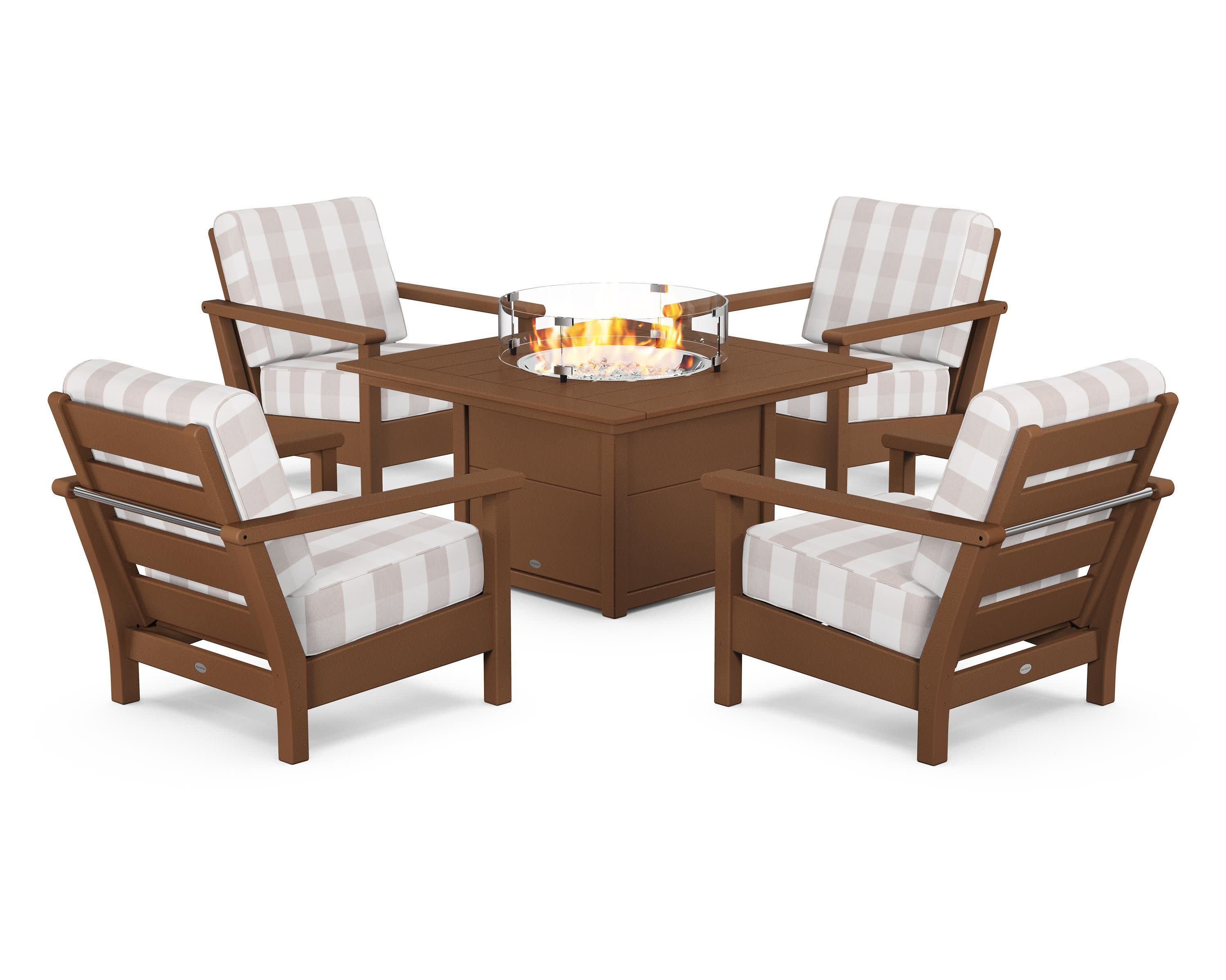 Harbour 5-Piece Conversation Set with Fire Pit Table in Teak / Buffalo Plaid Dune Burlap
