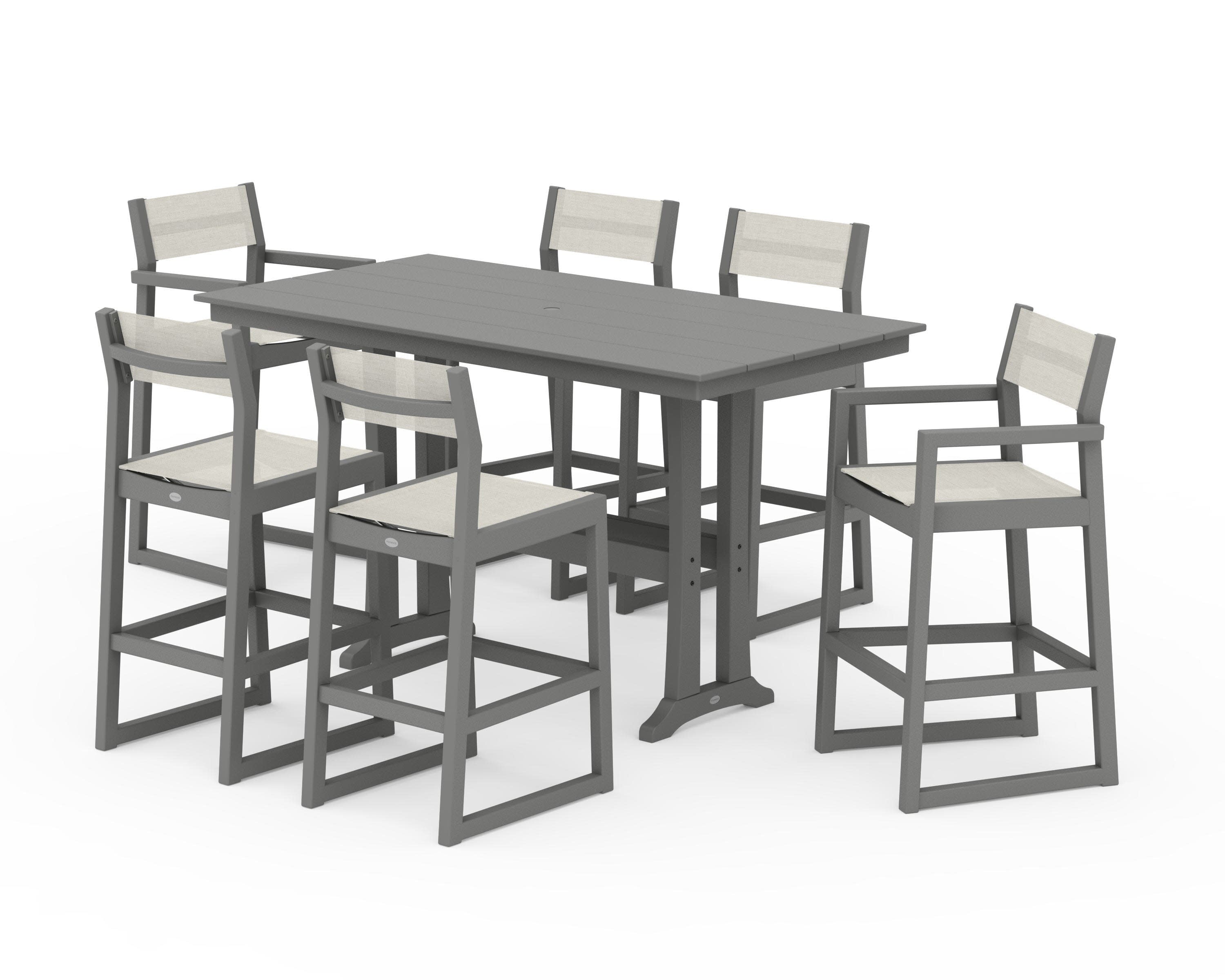 EDGE Sling 7-Piece Farmhouse Bar Set with Trestle Legs in Slate Grey / Parchment Sling