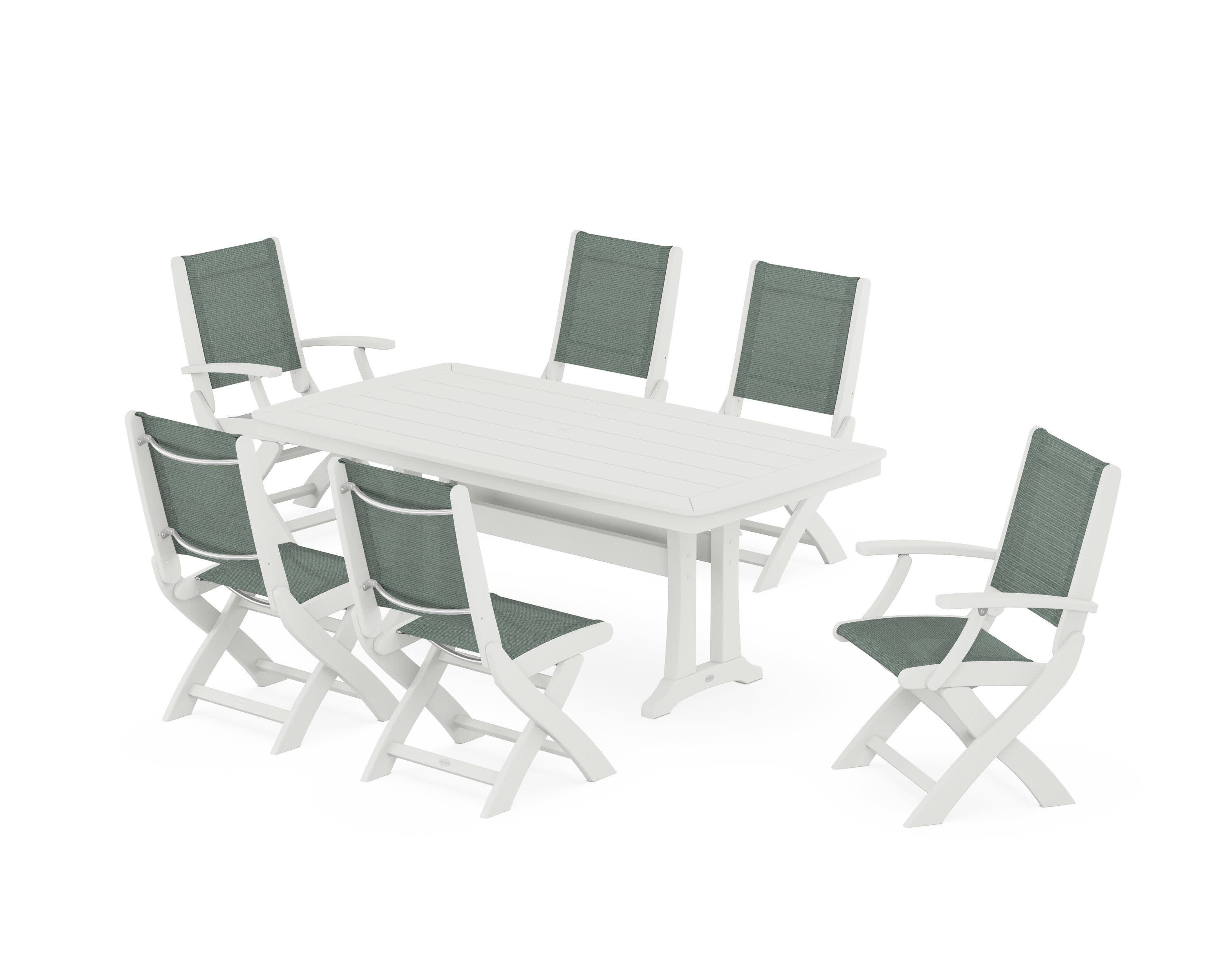 Coastal Folding Chair 7-Piece Dining Set with Trestle Legs in Vintage White / Dupioni Sea Mist Sling