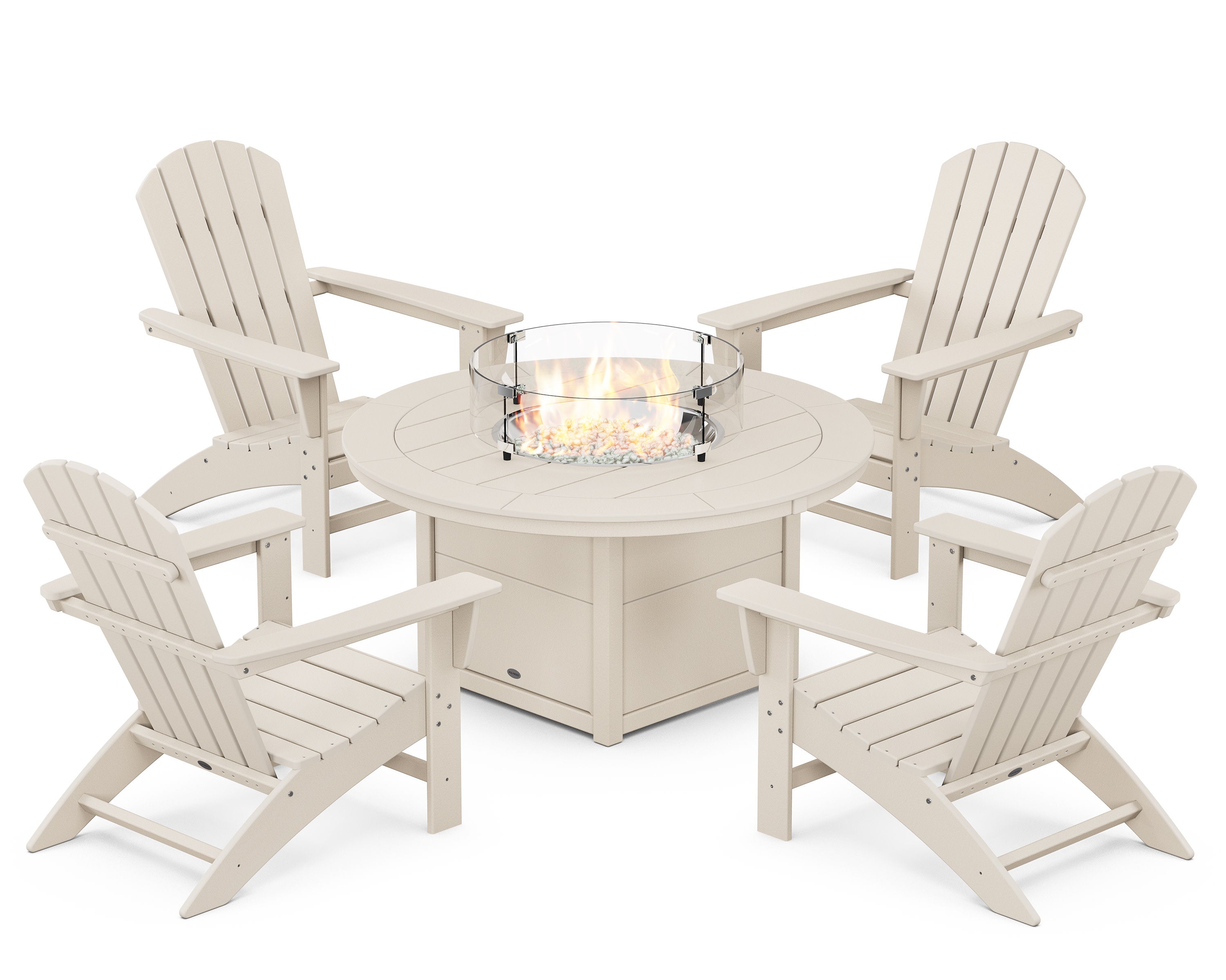 Nautical 5-Piece Adirondack Chair Conversation Set with Fire Pit Table in Sand
