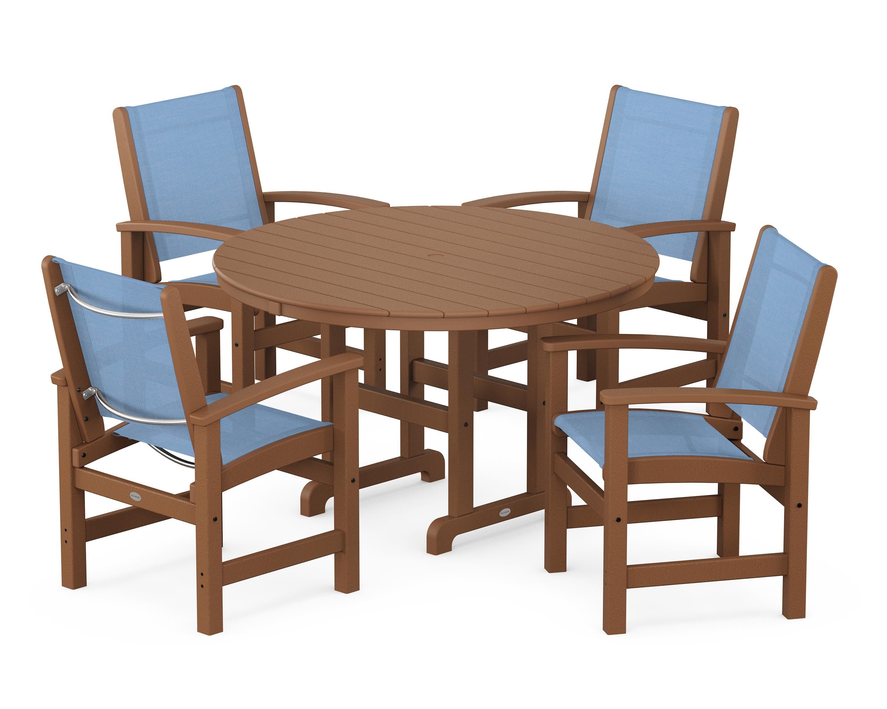 Coastal 5-Piece Round Farmhouse Dining Set in Teak / Poolside Sling