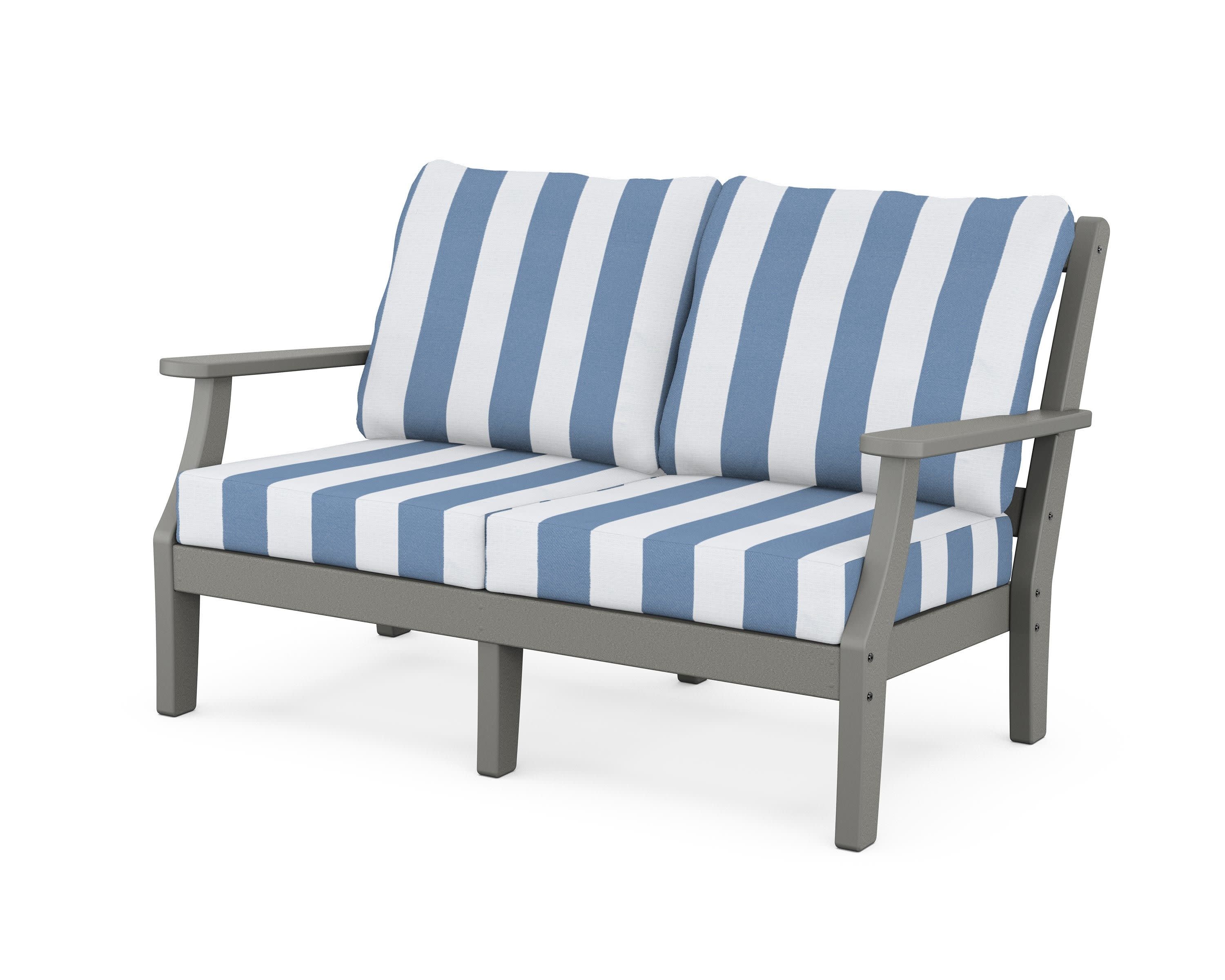 Chinoiserie Deep Seating Loveseat in Slate Grey / Cabana Stripe Sky Blue