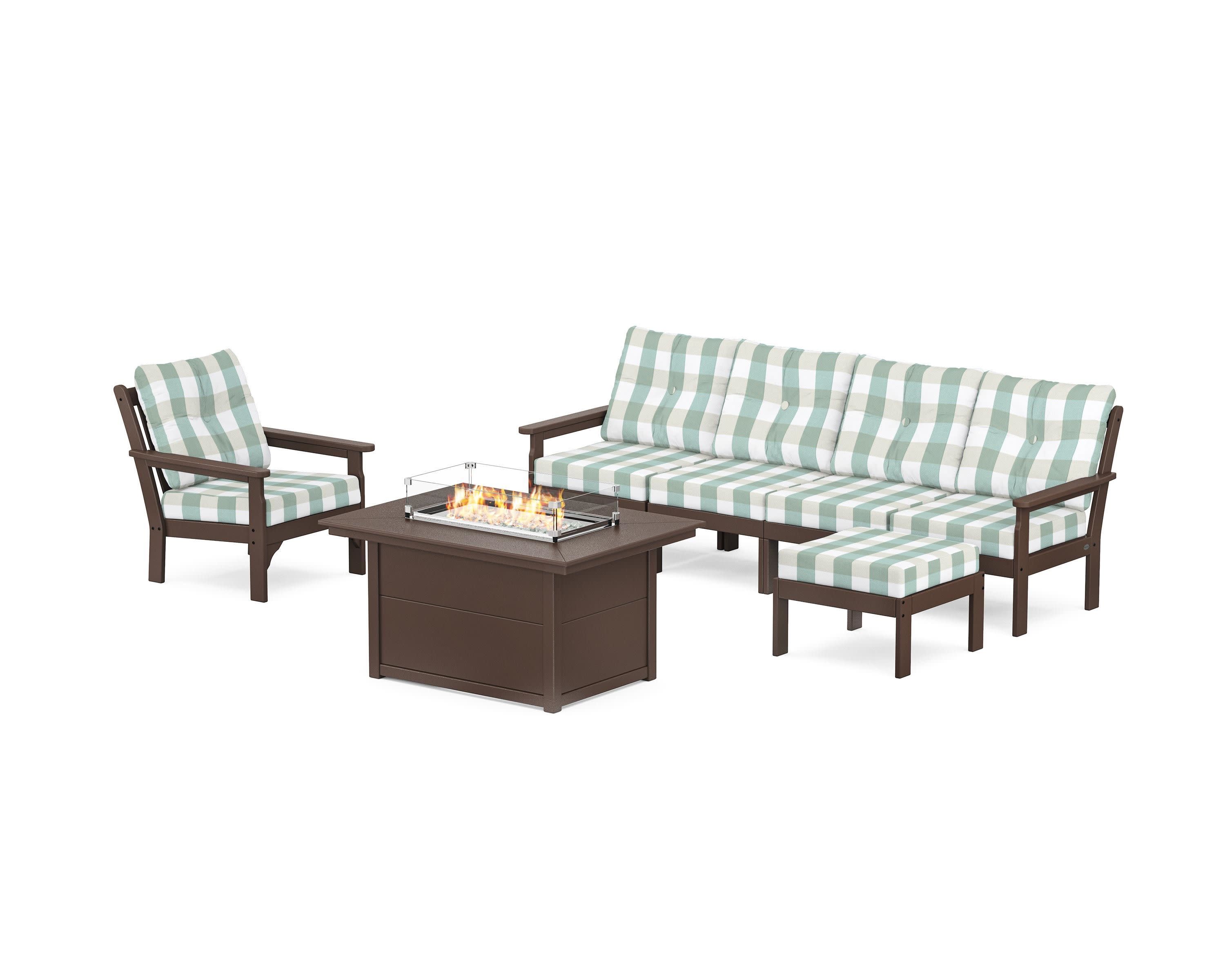 Vineyard Sectional Lounge and Fire Pit Set in Mahogany / Buffalo Plaid Glacier Spa