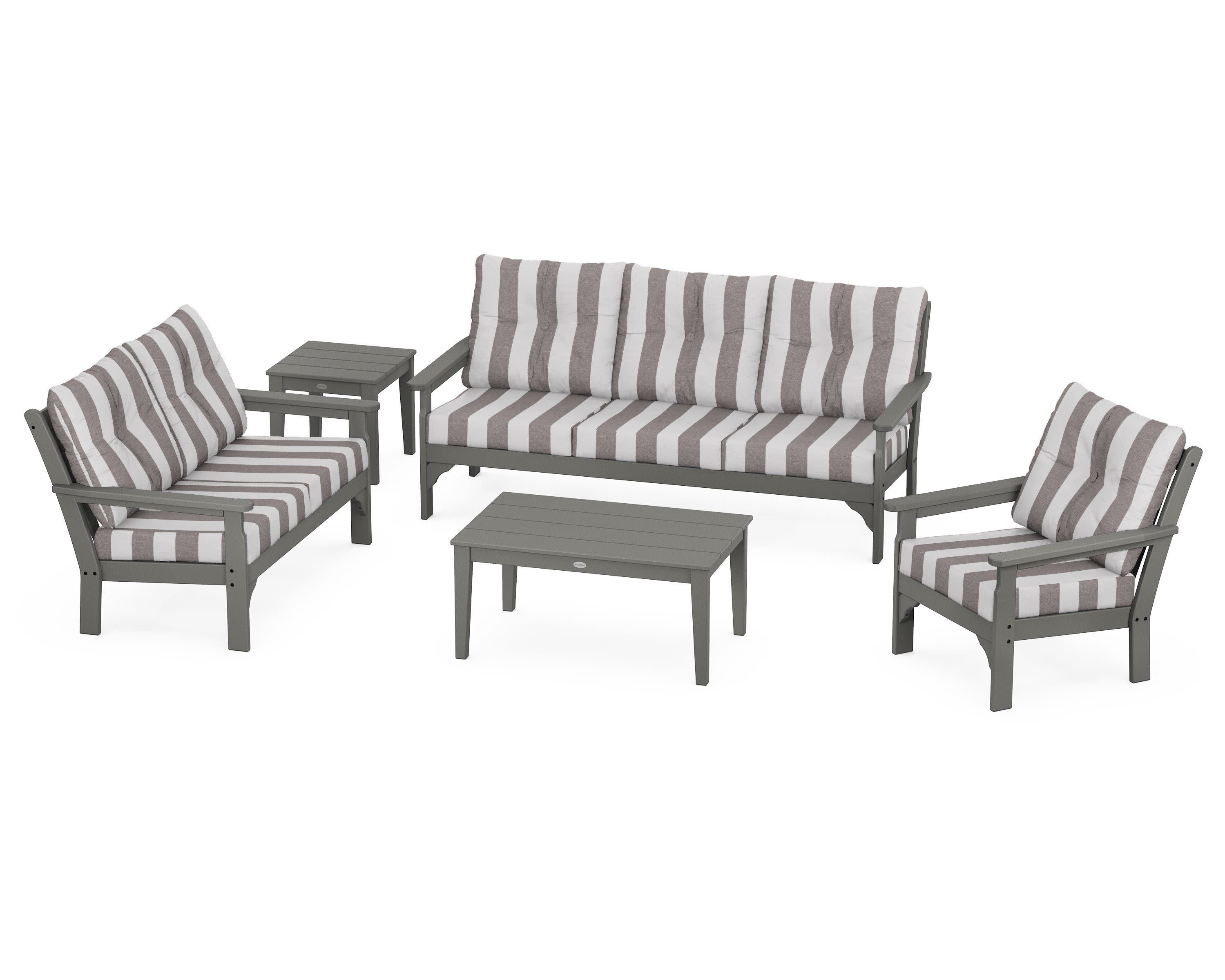 Vineyard 5 Piece Deep Seating Set in Slate Grey / Cabana Stripe Grey Mist