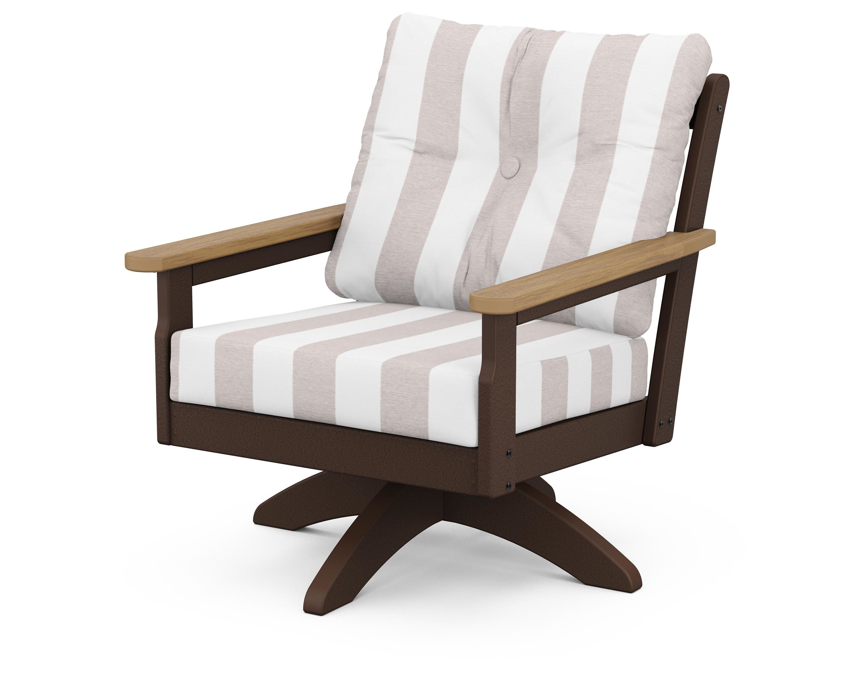 Vineyard Deep Seating Swivel Chair in Mahogany / Natural / Cabana Stripe Dune Burlap