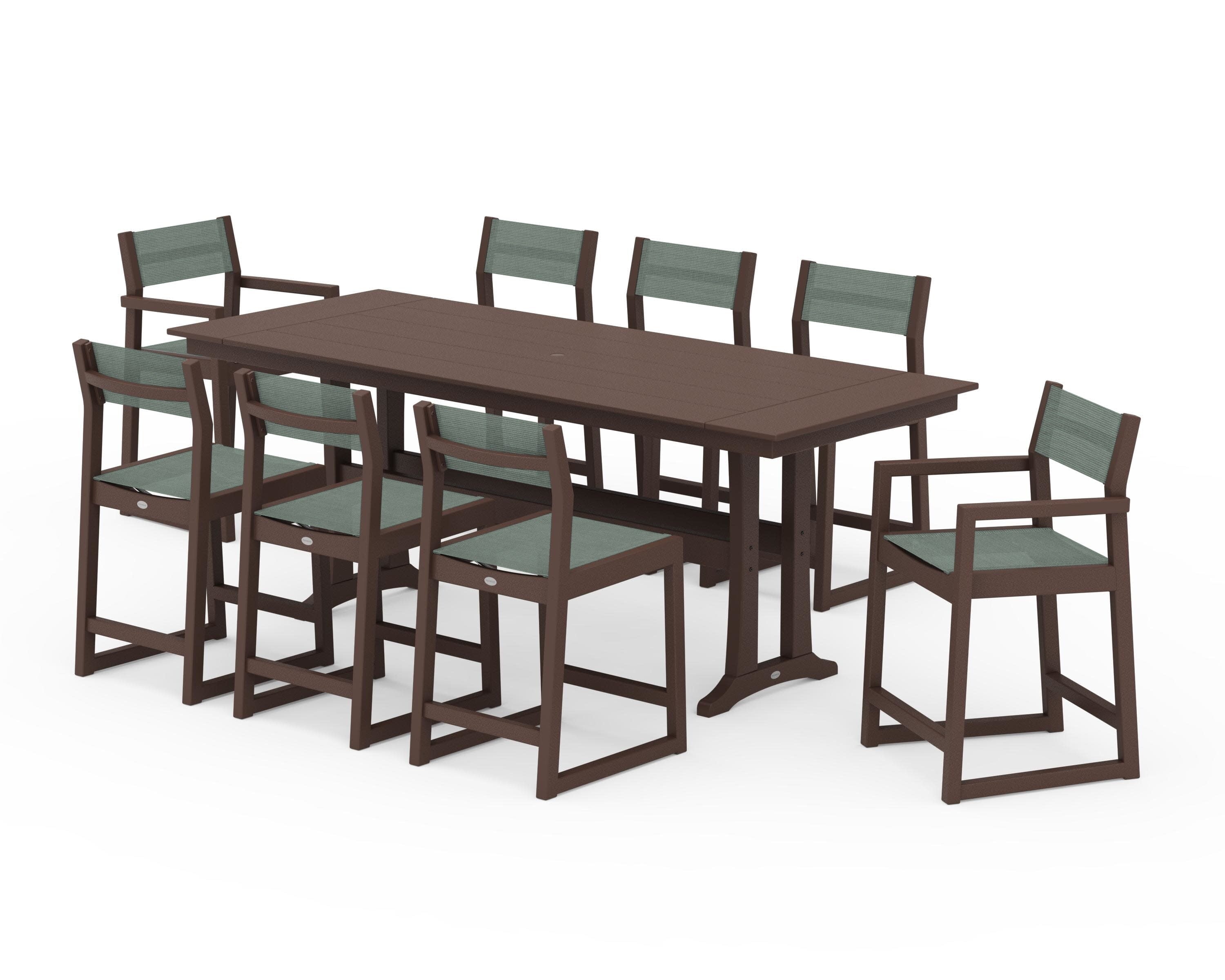 EDGE Sling 9-Piece Farmhouse Counter Set with Trestle Legs in Mahogany / Dupioni Sea Mist Sling