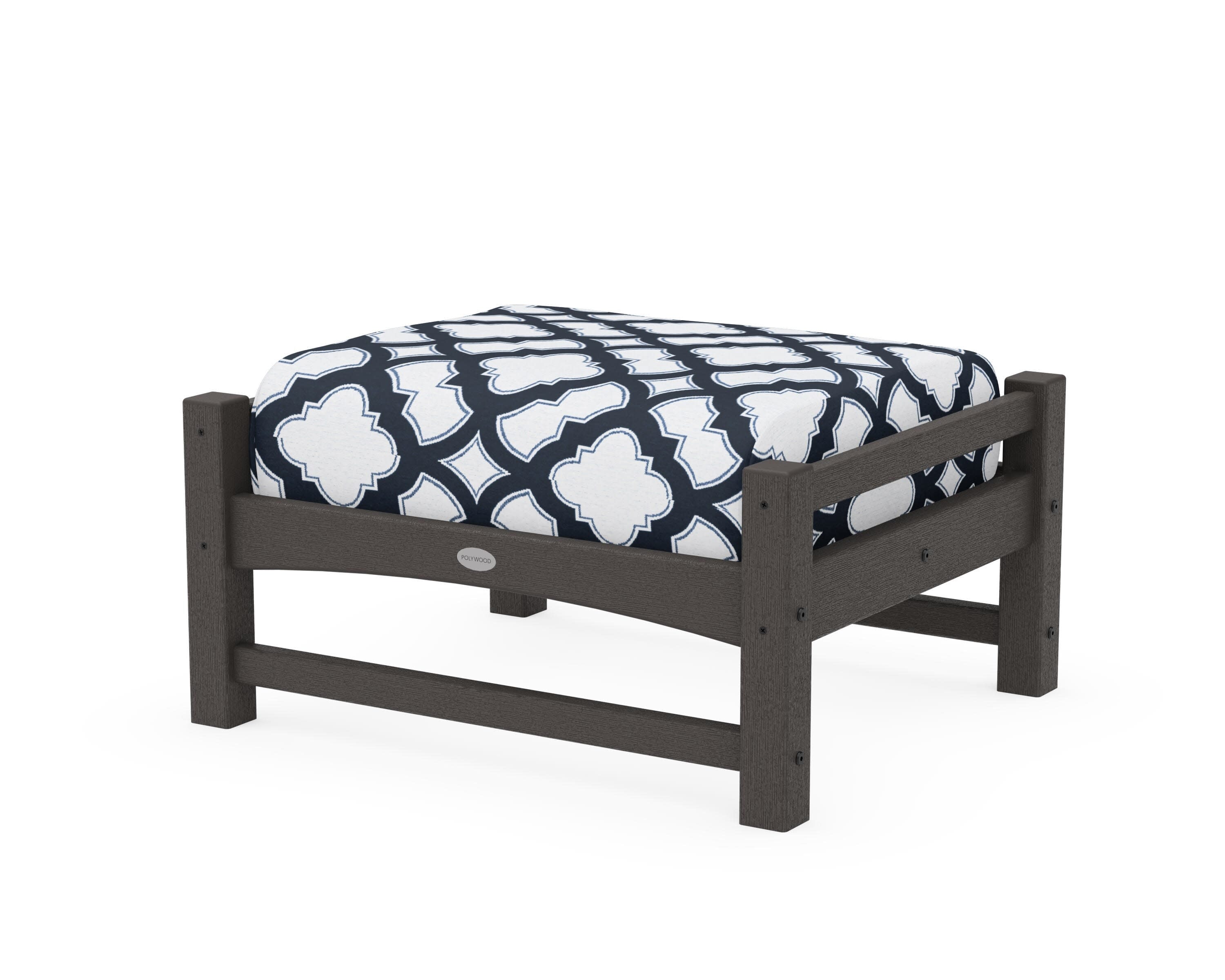 Club Ottoman in Vintage Coffee / Trellis Marine Indigo